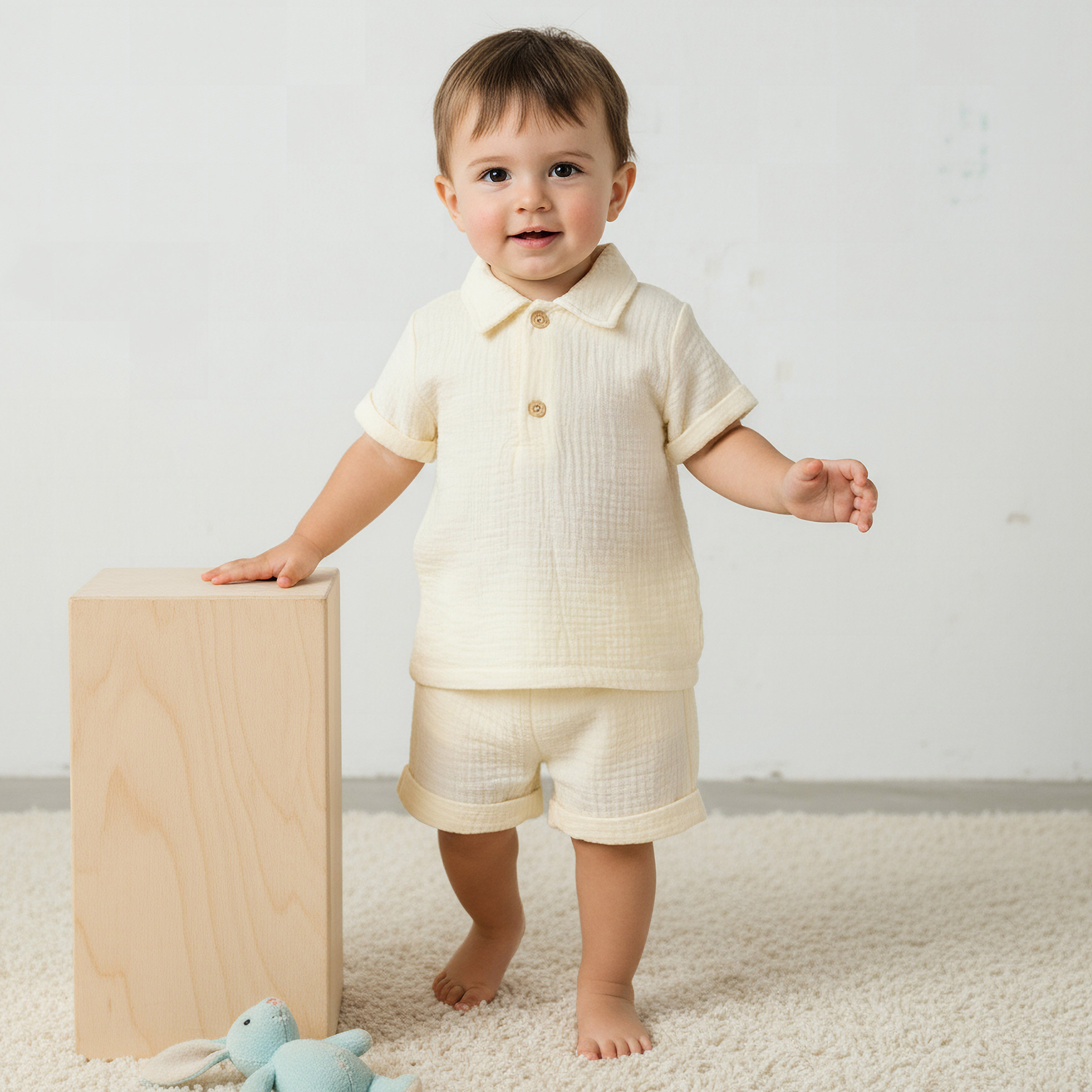 Juniors Cotton Collared Short Sleeves Shorts Set with Textured Design-baby-boys-clothing-setsandcoords-image-1