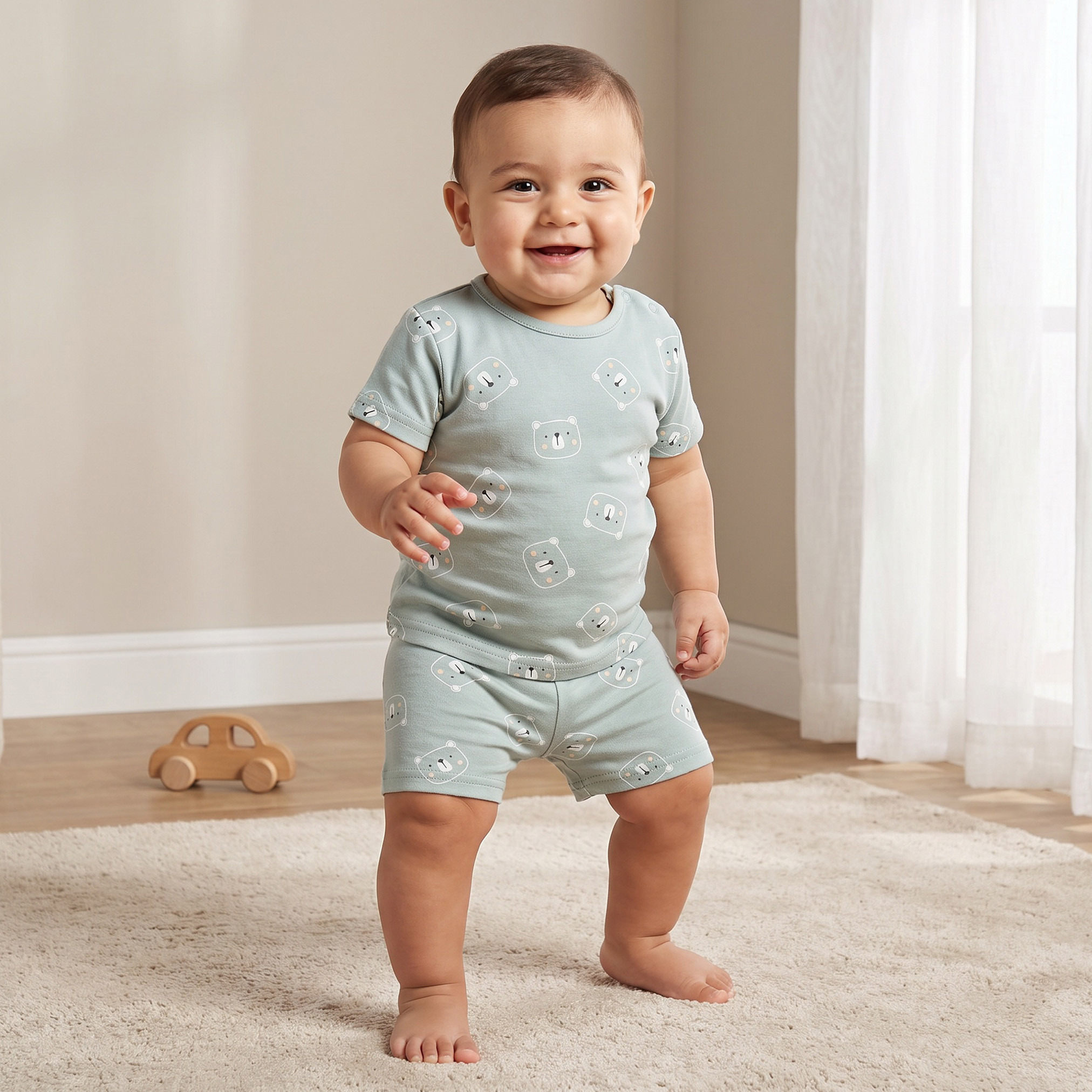 طقم تيشيرت قطن بياقة ضيقة وأكمام قصيرة وشورت بطبعات دب من جونيورز-baby-boys-clothing-nightwear-pyjamasets-image-1