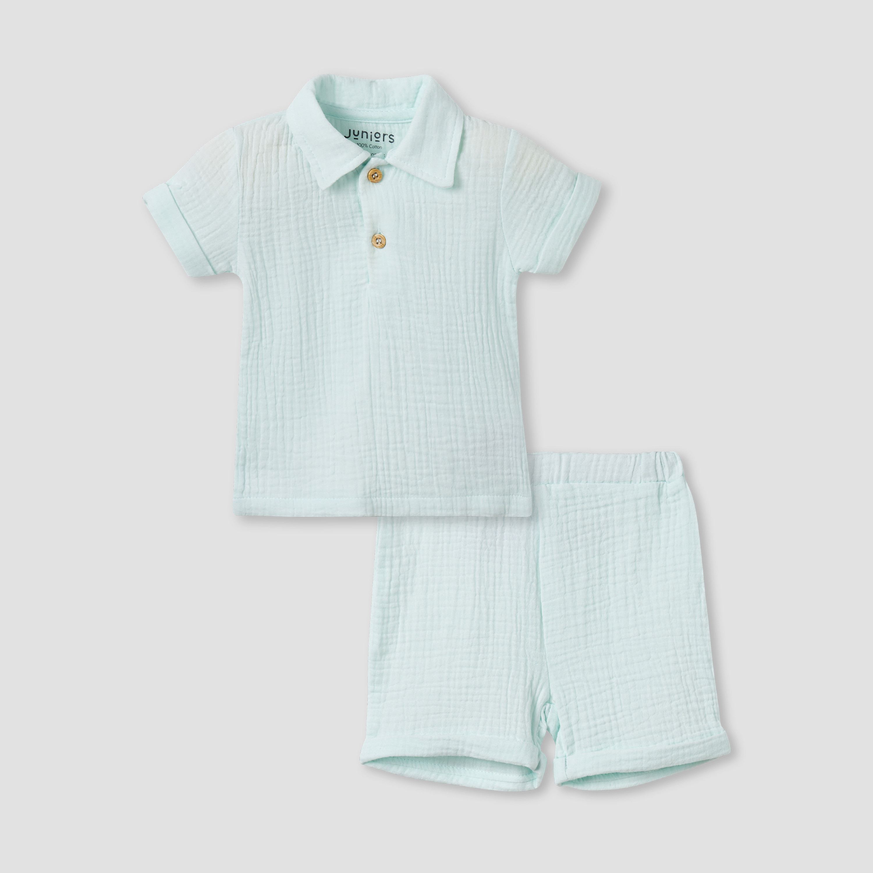 Juniors Cotton Collared Neck Short Sleeve Shorts Set with Texture-baby-boys-clothing-setsandcoords-image-2