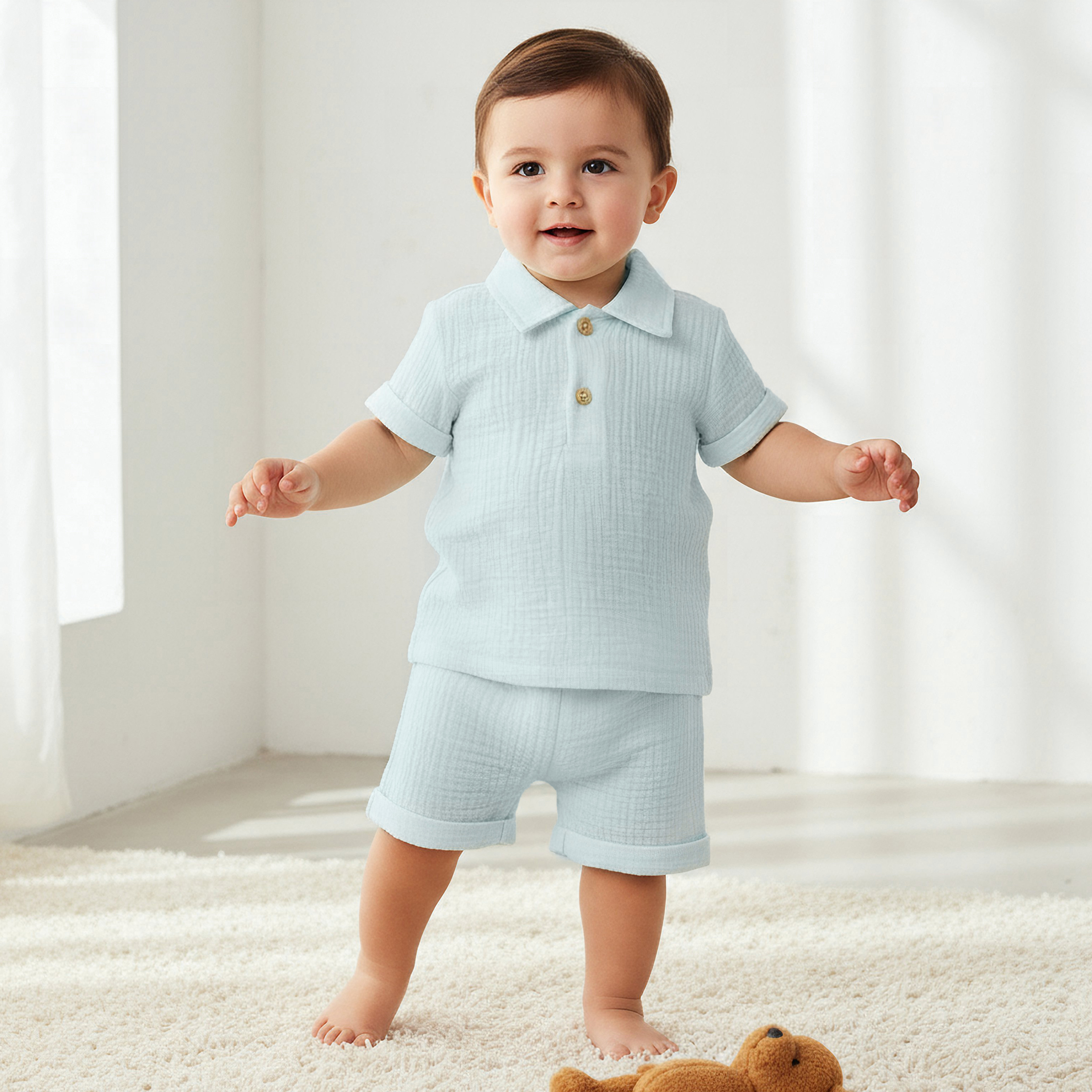 Juniors Cotton Collared Neck Short Sleeve Shorts Set with Texture-baby-boys-clothing-setsandcoords-image-1