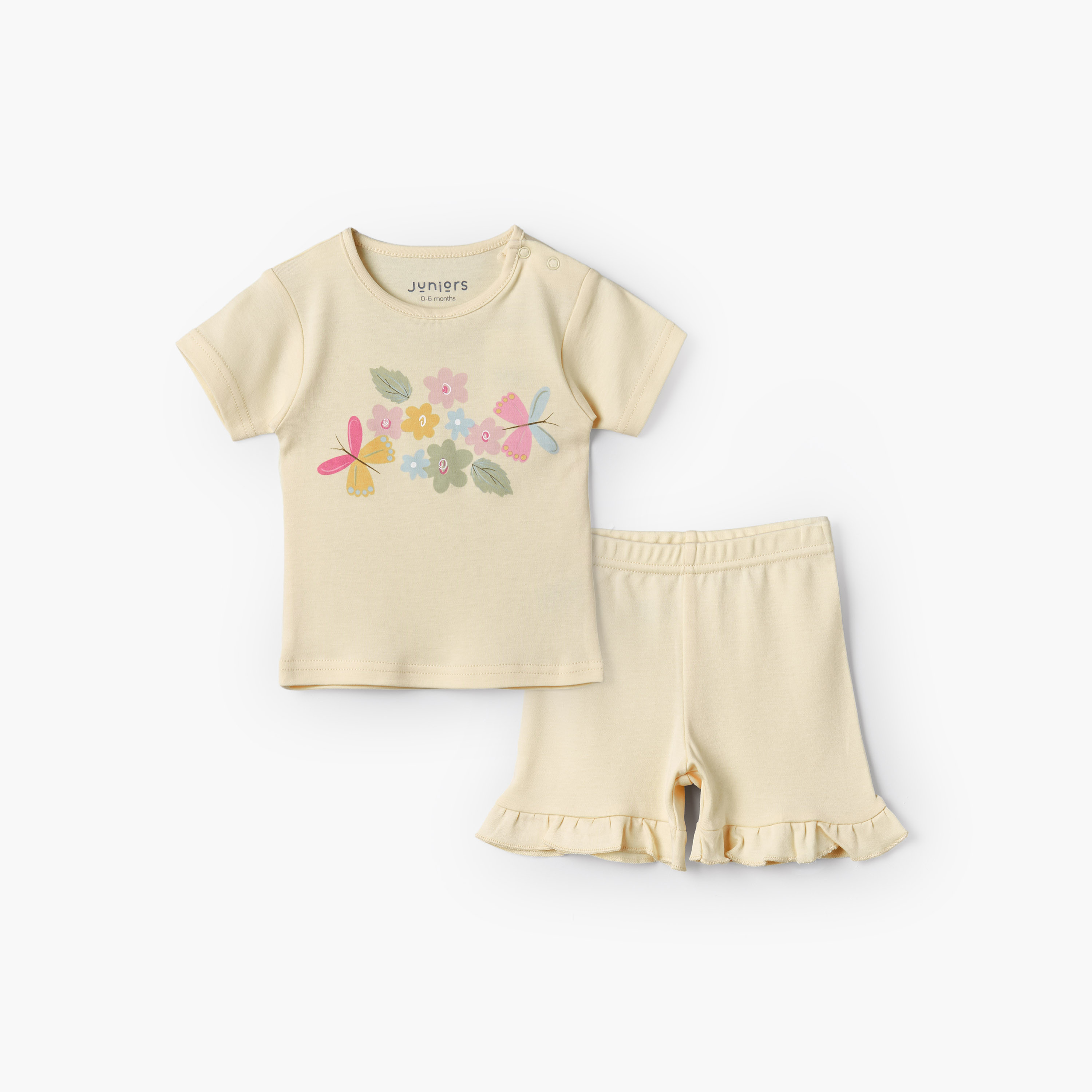 Juniors Cotton Crew Neck Short Sleeves Shorts Set with Floral Print-baby-girls-clothing-setsandcoords-image-2