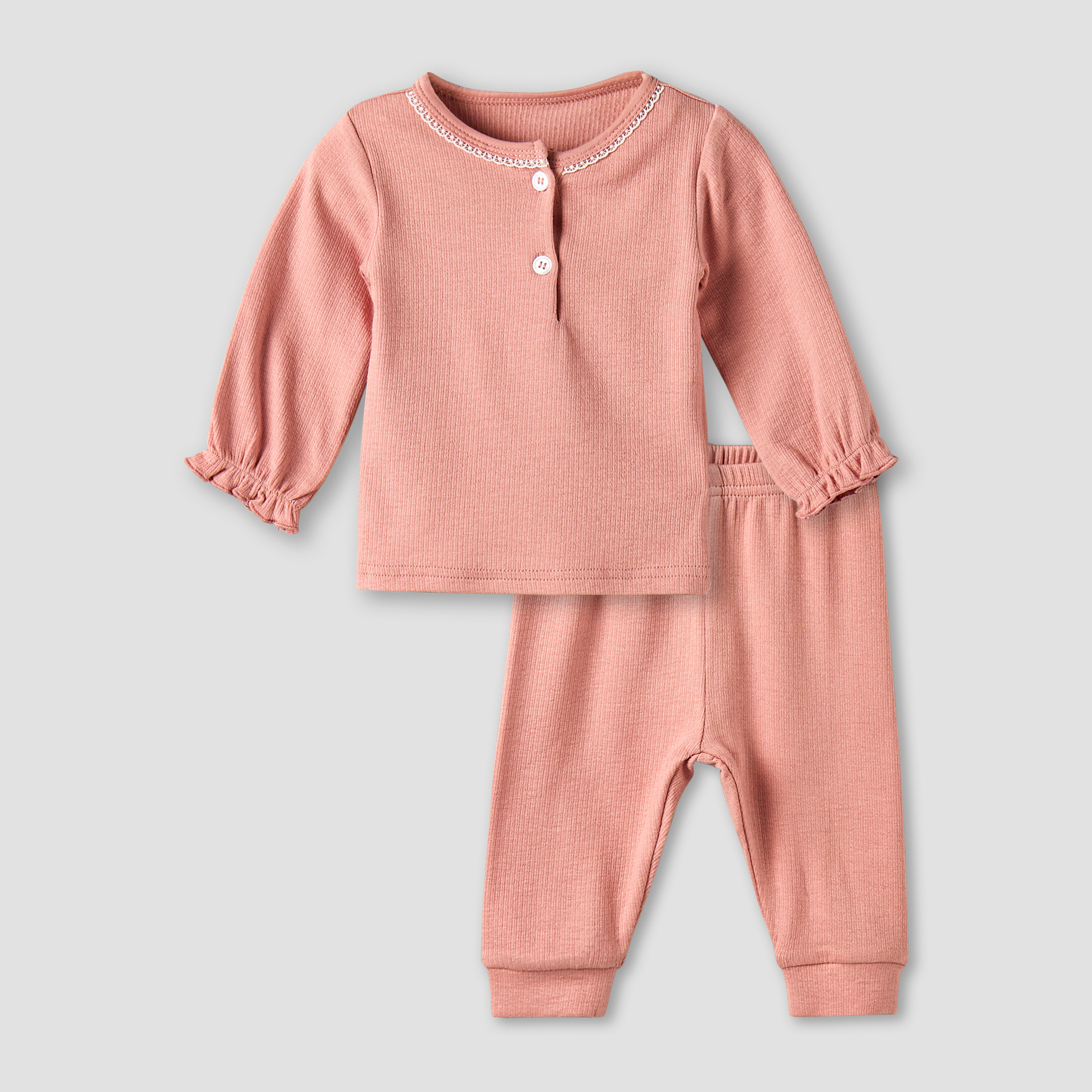 Giggles Henley Neck Long Sleeves Pyjama Set with Lace Trim-baby-girls-clothing-nightwear-pyjamasets-image-2