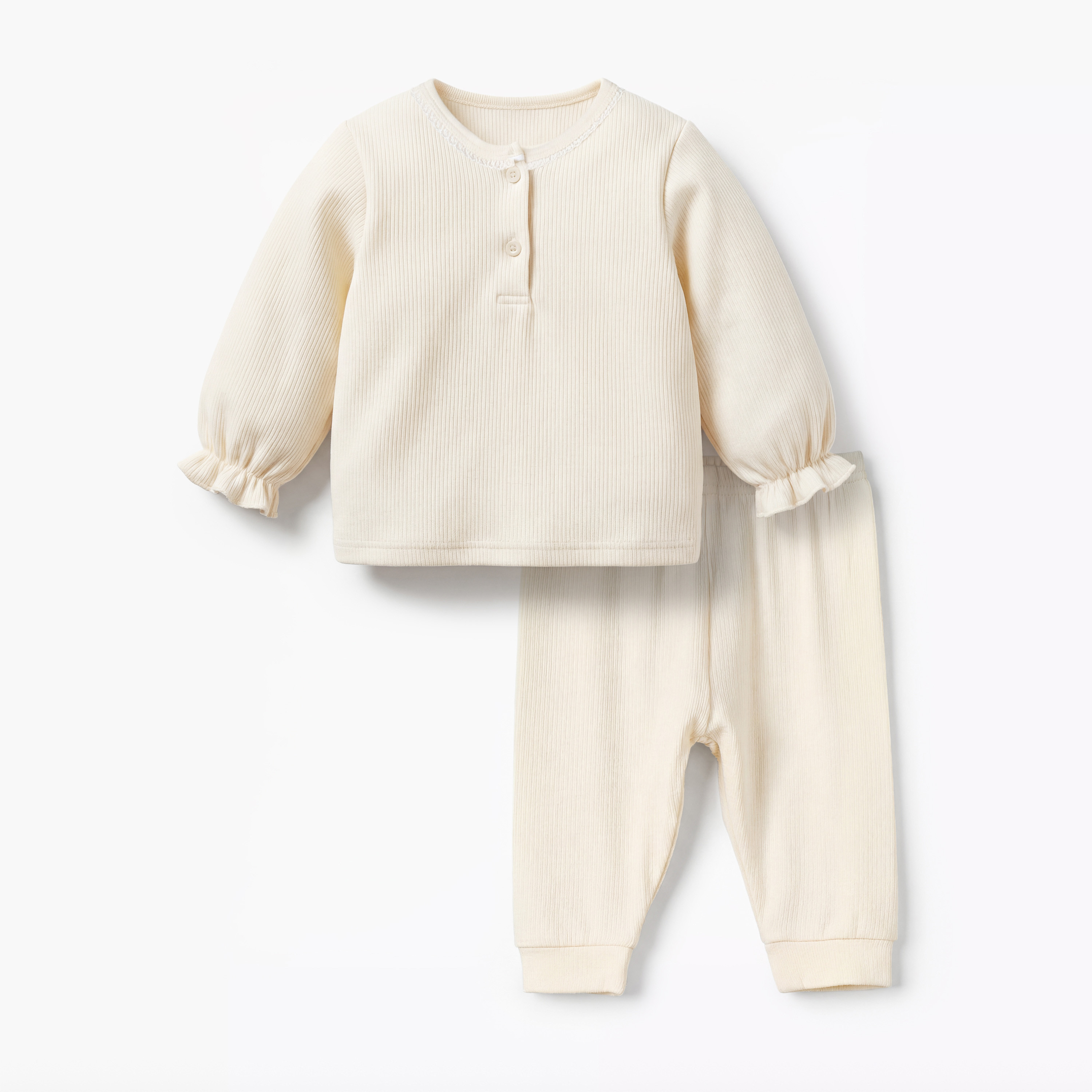Giggles Henley Neck Long Sleeves Pyjama Set with Ribbed Texture-baby-girls-clothing-nightwear-pyjamasets-image-2