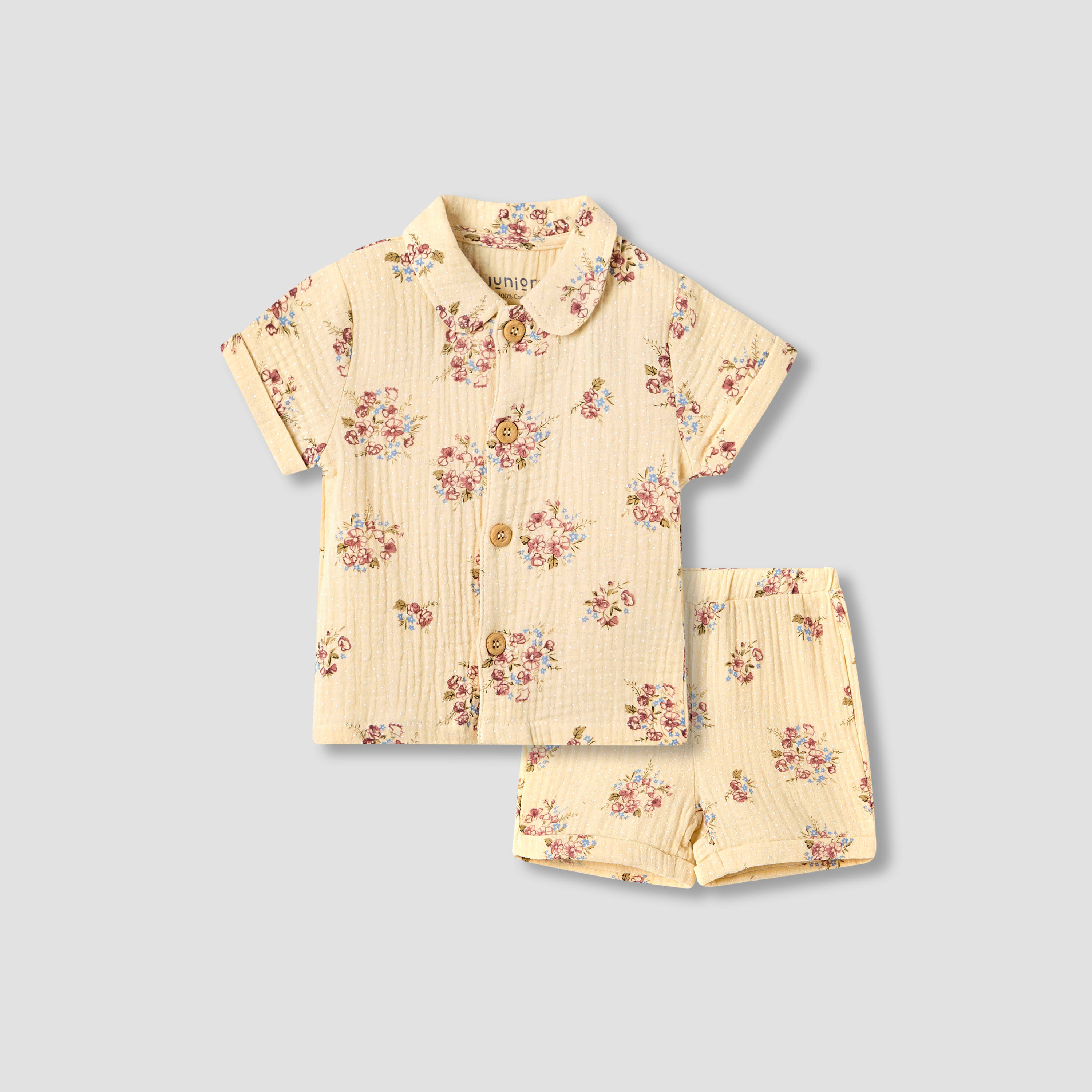 طقم شورت وقميص قطن بأكمام قصيرة وياقة عادية وطبعات زهرية للبنات من جونيورز-baby-girls-clothing-setsandcoords-image-1