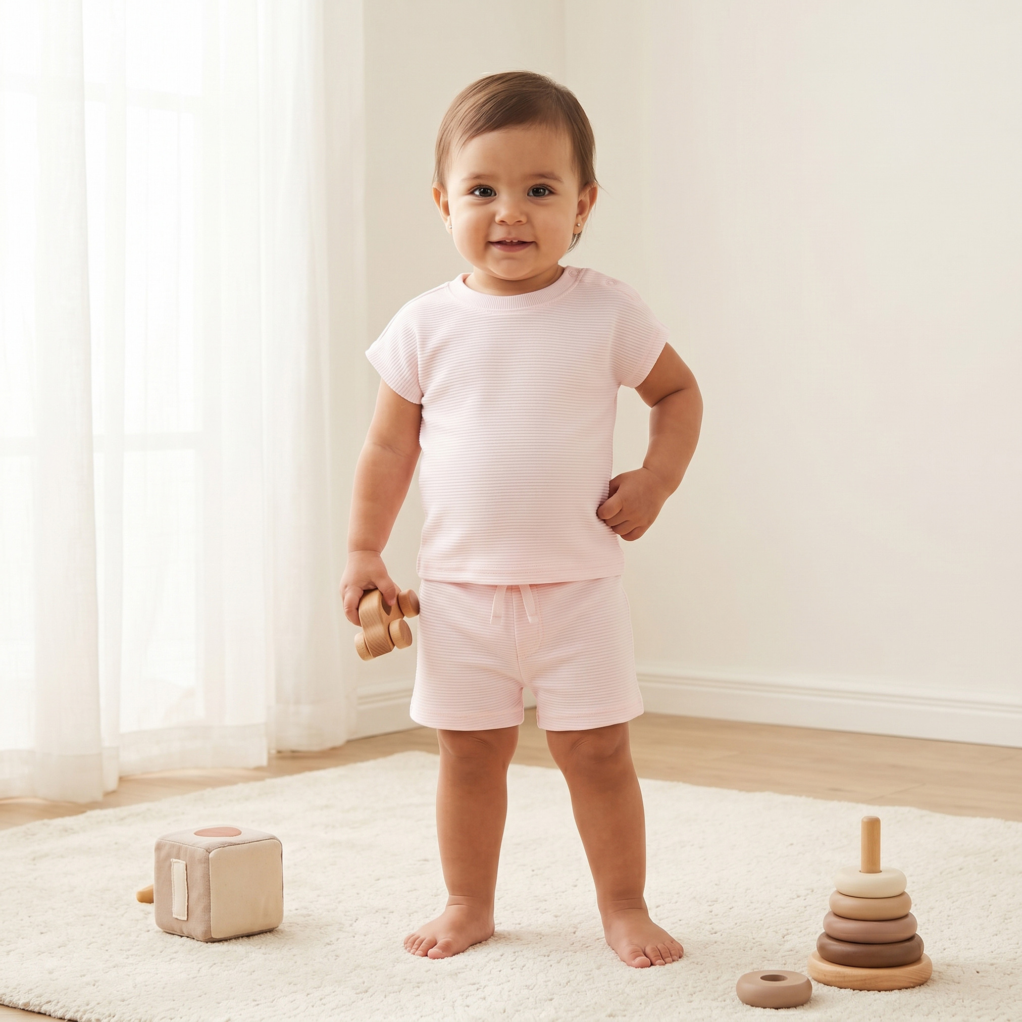 طقم شورت بخصر مطاطي ورباط وتيشيرت برقبة ضيقة وأكمام قصيرة من جونيورز-baby-girls-clothing-setsandcoords-image-1