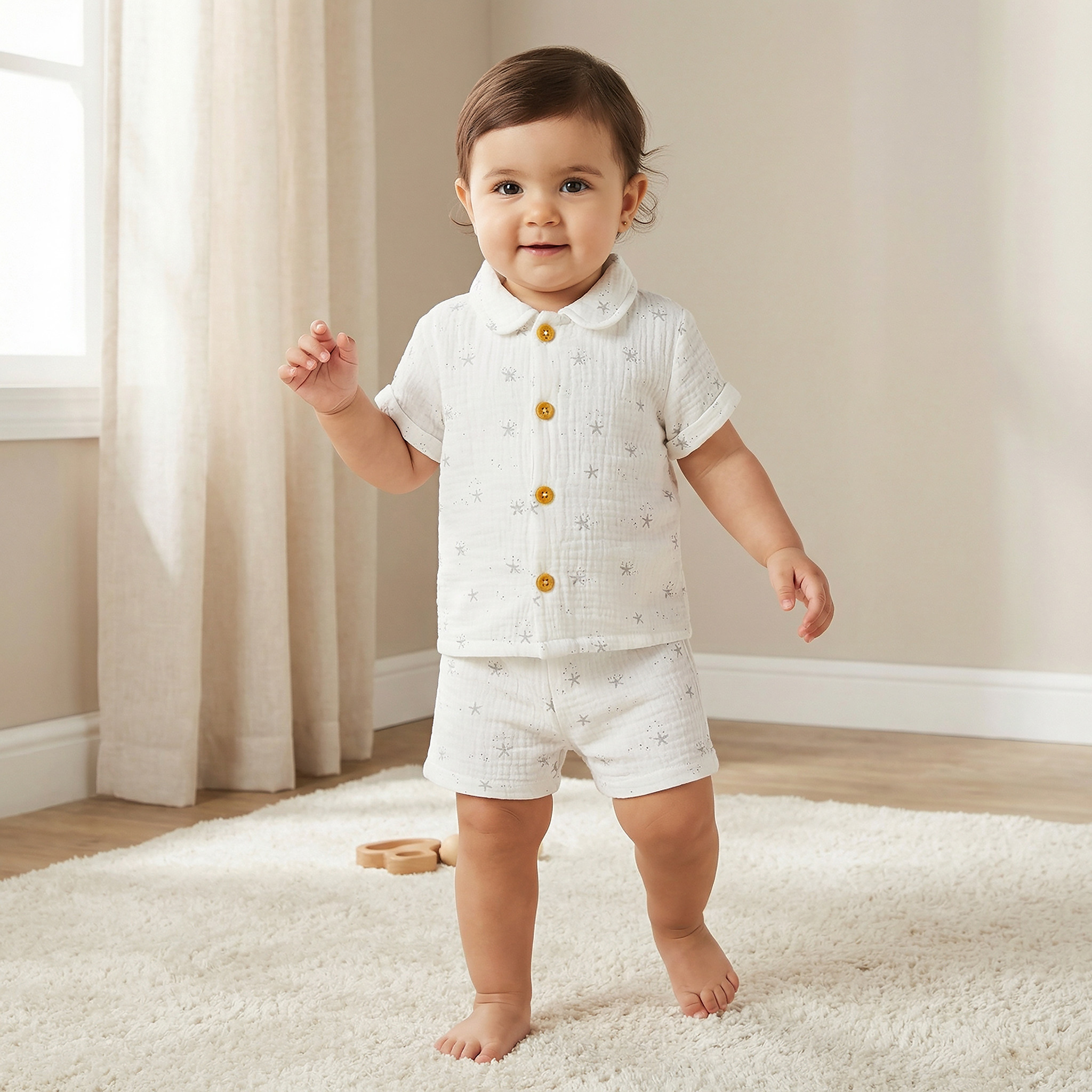 Juniors Girls Shirt and Shorts Set with Starfish Print - Muslin Cotton - Short Sleeves - Collar-baby-girls-clothing-setsandcoords-image-1