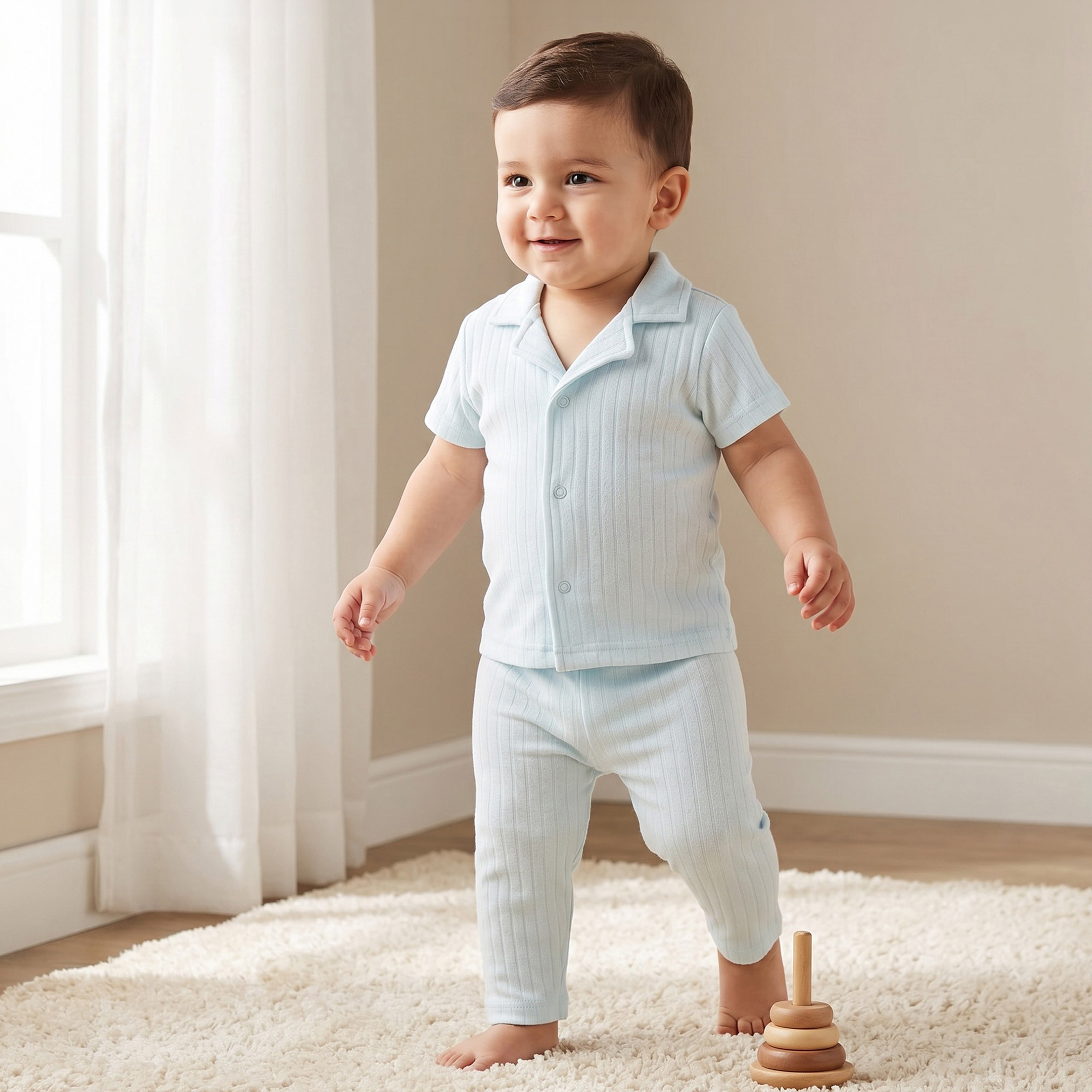 Juniors Cotton Collared Short Sleeves Pyjama Set with Textured Design-baby-boys-clothing-nightwear-pyjamasets-image-1