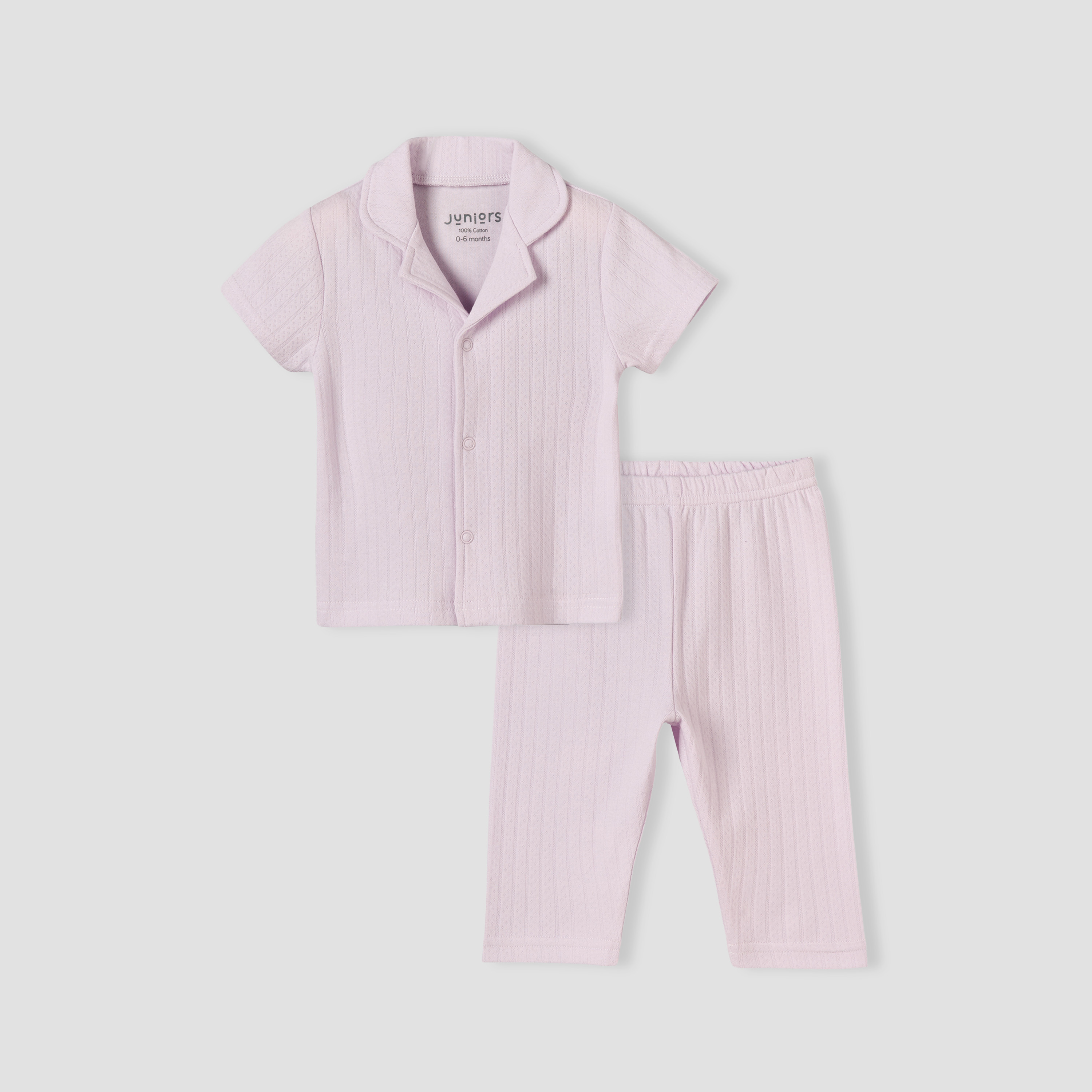 Juniors Cotton Collared Short Sleeves Pyjama Set with Textured Design-baby-girls-clothing-nightwear-pyjamasets-image-1