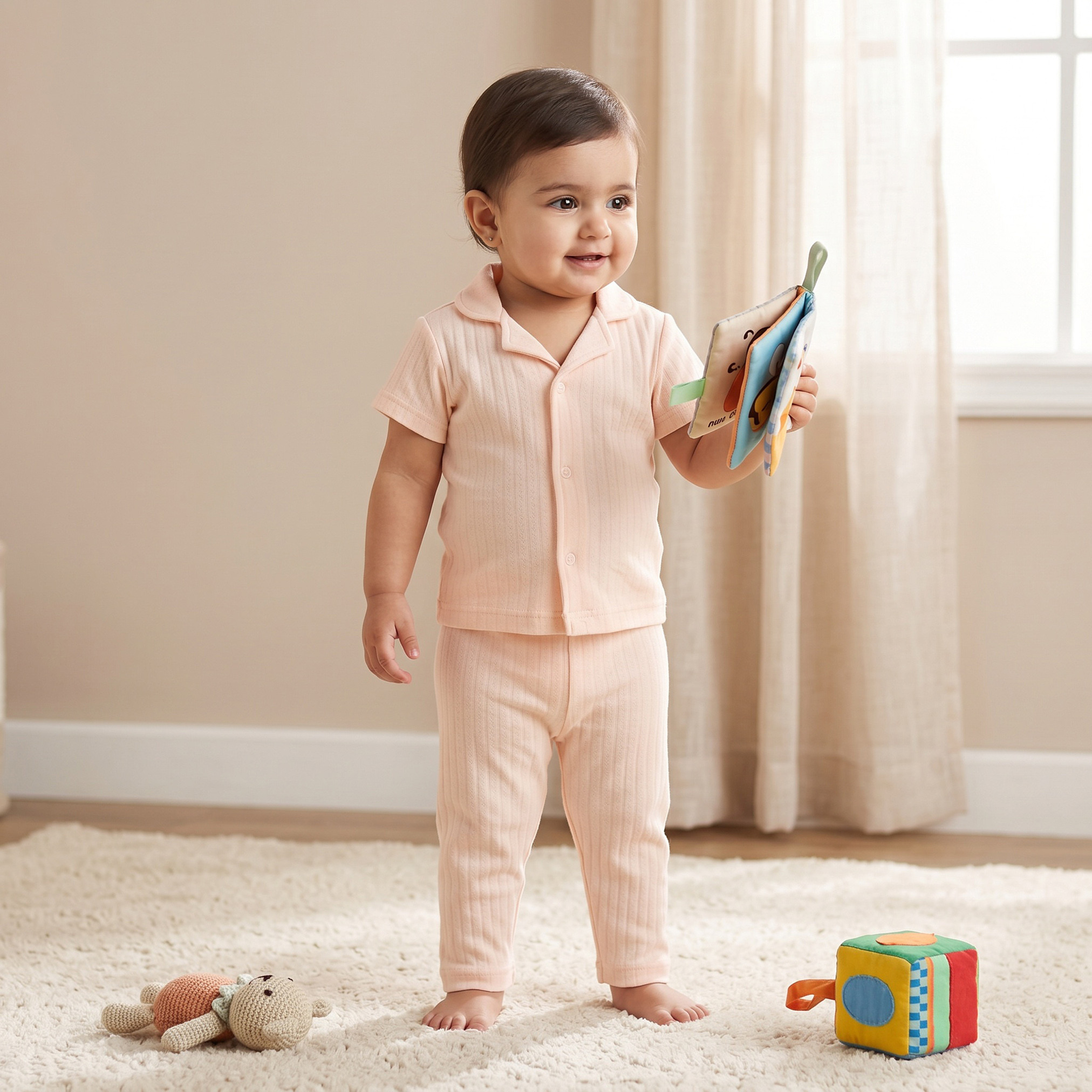طقم بيجاما قطن بأكمام قصيرة وياقة عادية وبتصميم بارز من جونيورز-baby-girls-clothing-nightwear-pyjamasets-image-1