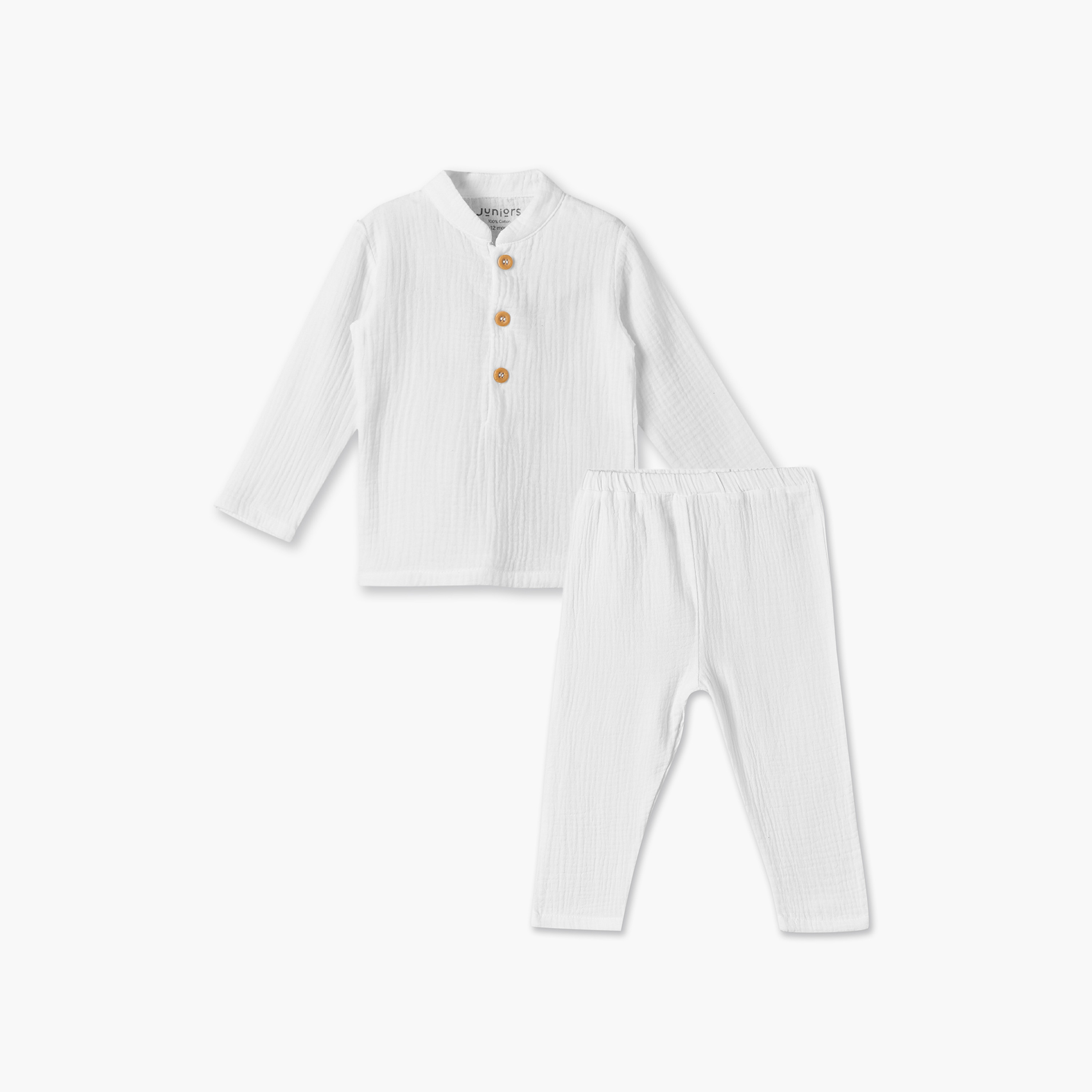 Juniors Cotton Mandarin Collar Long Sleeves Pyjama Set with Textured Design-baby-boys-clothing-nightwear-pyjamasets-image-1