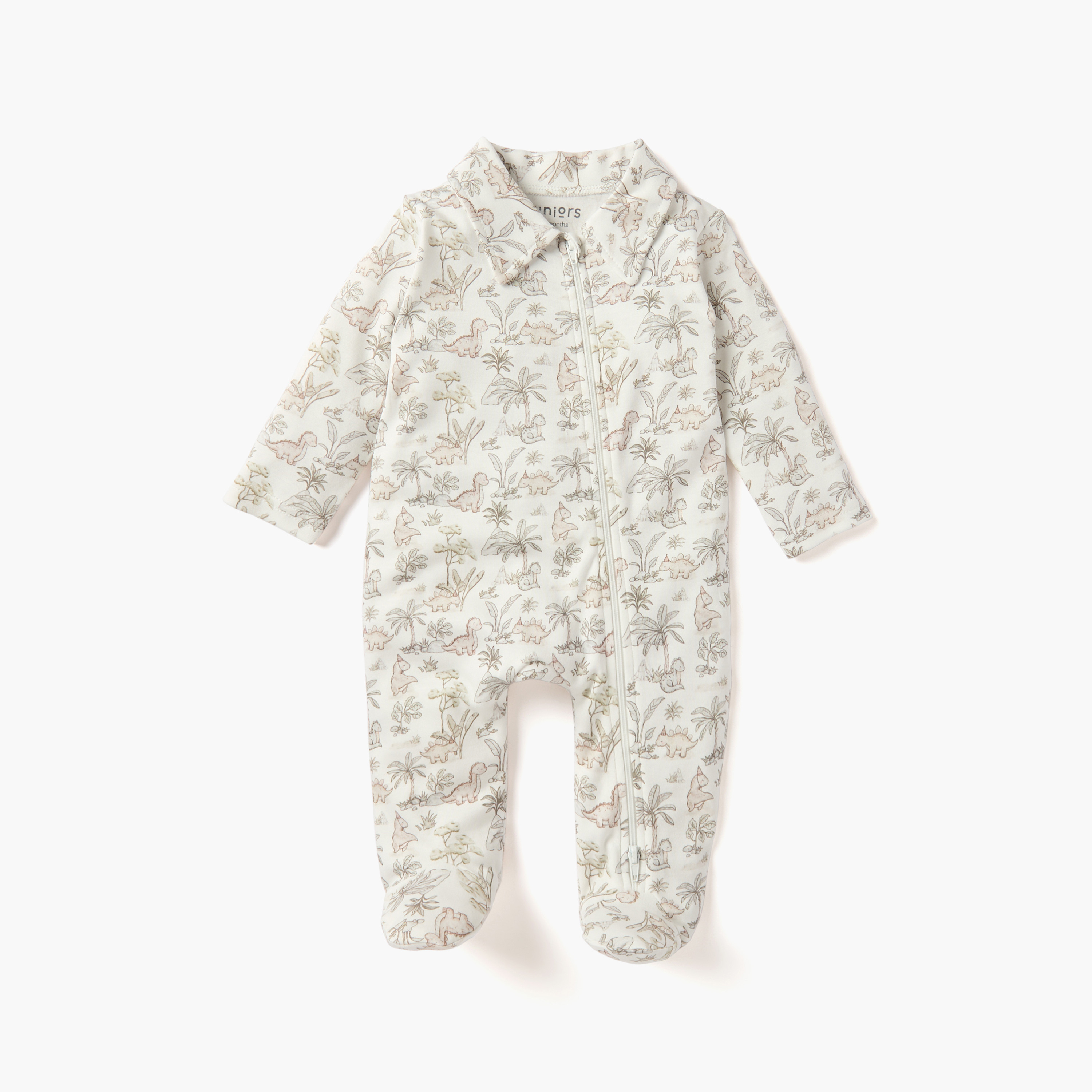 Juniors Dinosaur Print Sleepsuit with Collar and Zip Closure-baby-boys-clothing-nightwear-sleepsuits-image-1