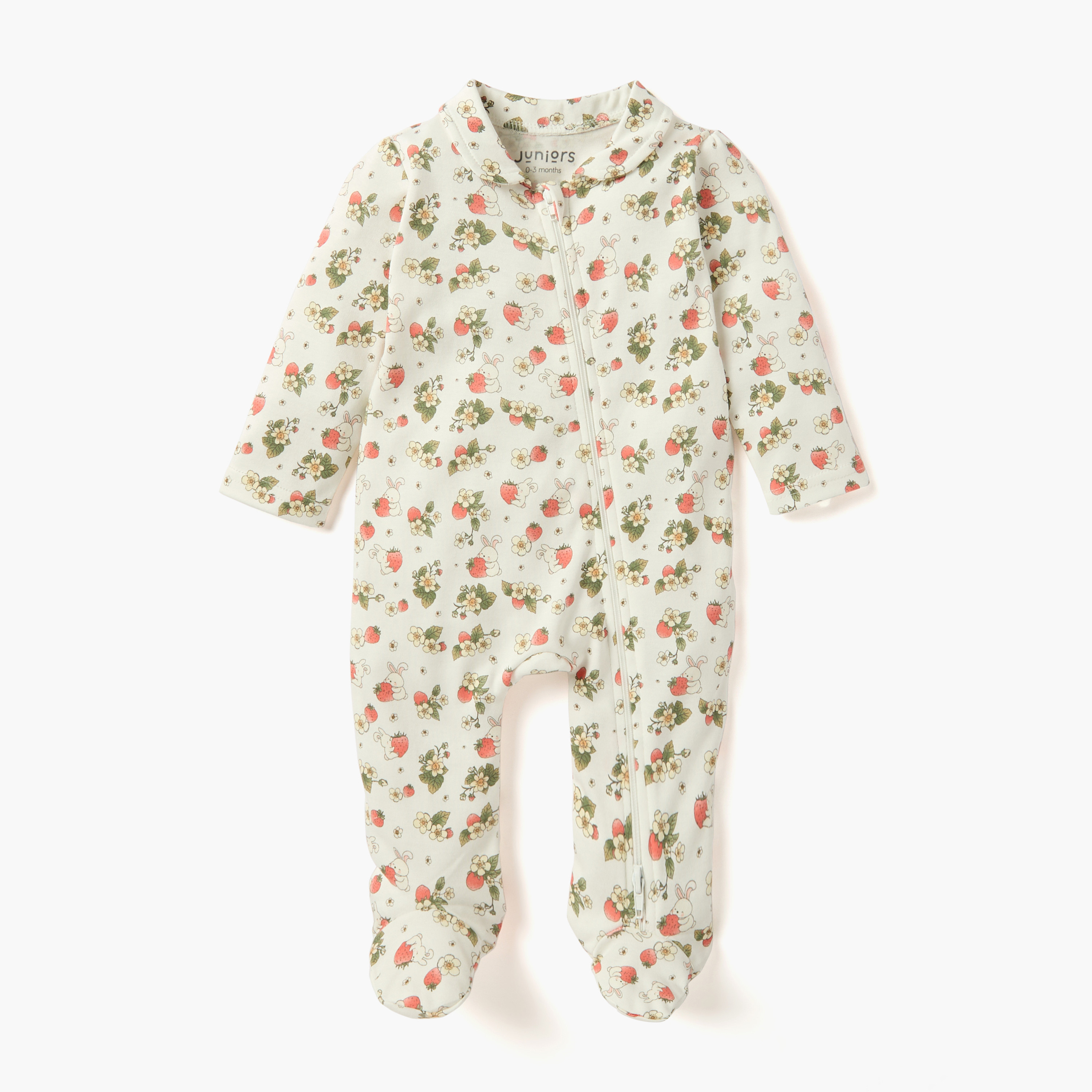 Juniors Bunny Print Sleepsuit with Collar and Zip Closure-baby-girls-clothing-nightwear-sleepsuits-image-1