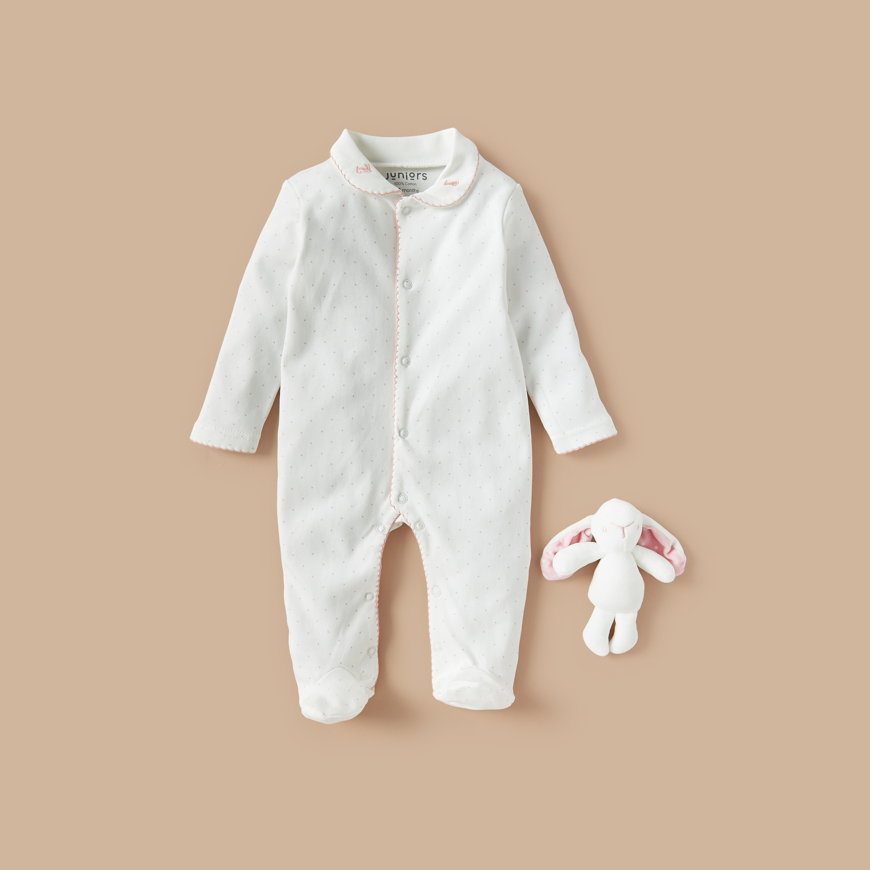 Juniors All-Over Polka Dot Closed Feet Sleepsuit with Soft Toy-baby-girls-clothing-nightwear-sleepsuits-image-1