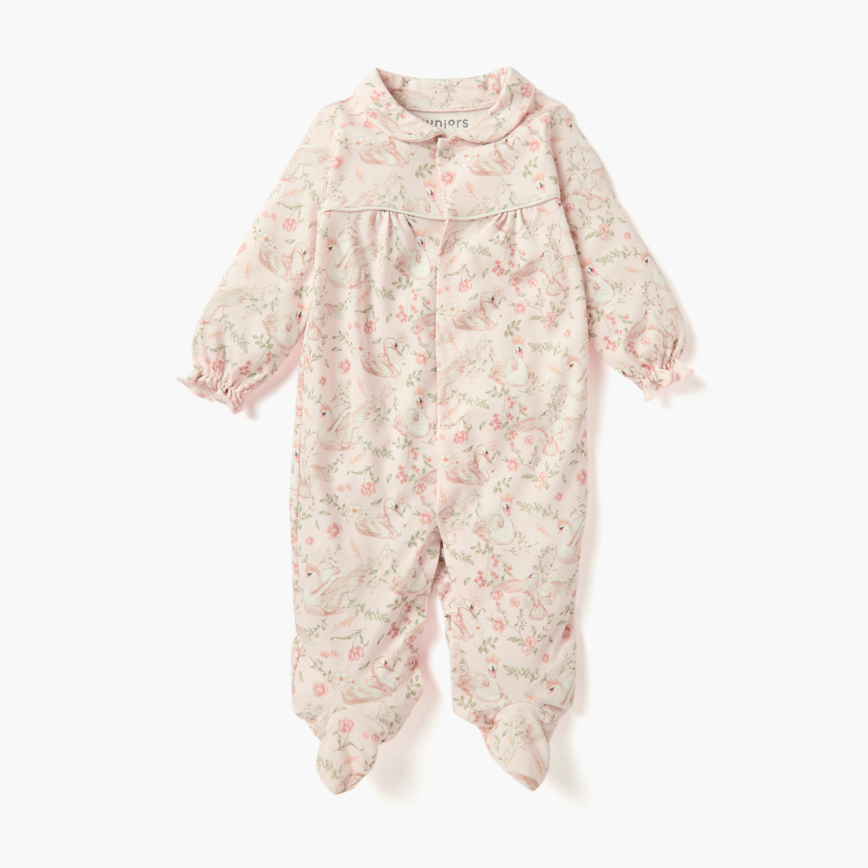Juniors Swan Print Sleepsuit with Collar and Long Sleeves-baby-girls-clothing-nightwear-sleepsuits-image-1