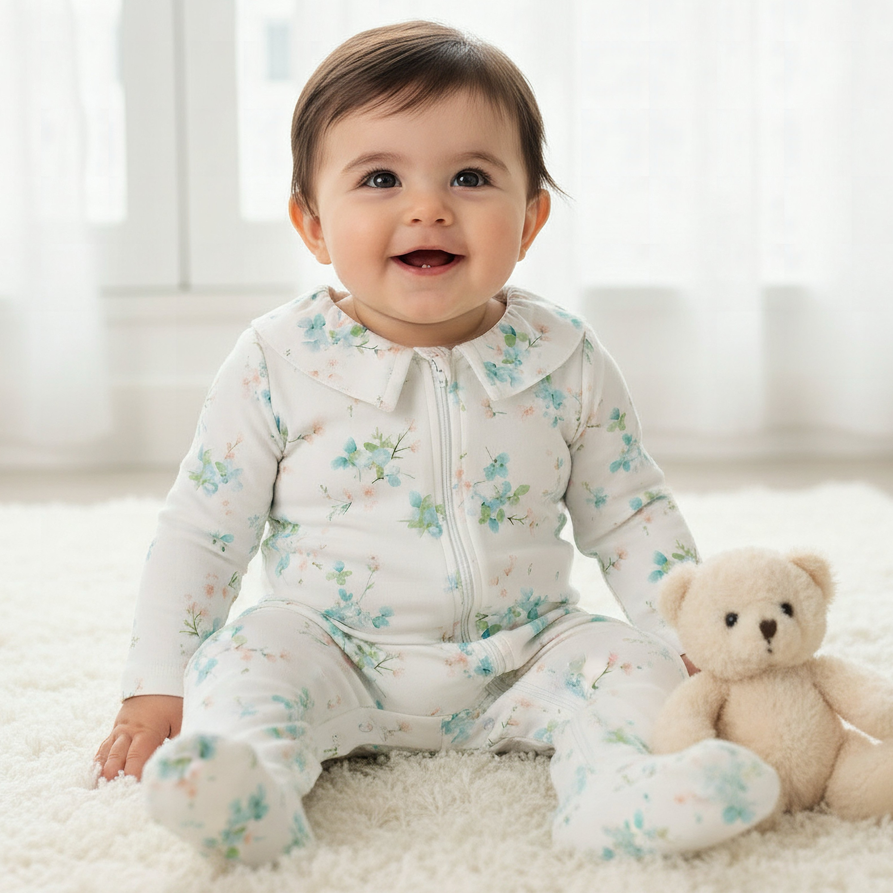 Juniors Bamboo Cotton Collared Long Sleeves Sleepsuit with Floral Print-baby-girls-clothing-nightwear-sleepsuits-image-1