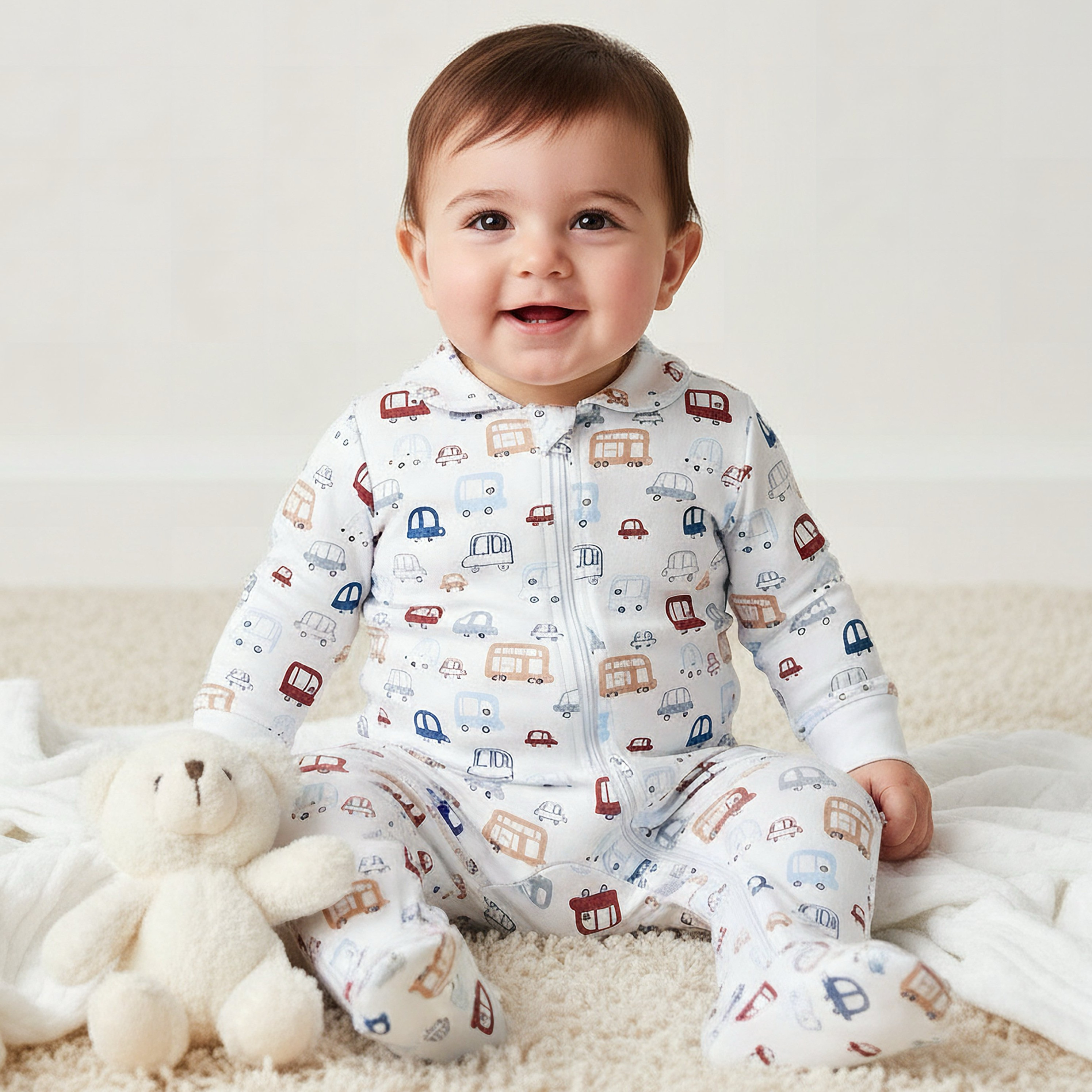 Juniors Bamboo Cotton Collared Long Sleeve Sleepsuit with Vehicle Print-baby-boys-clothing-nightwear-sleepsuits-image-1