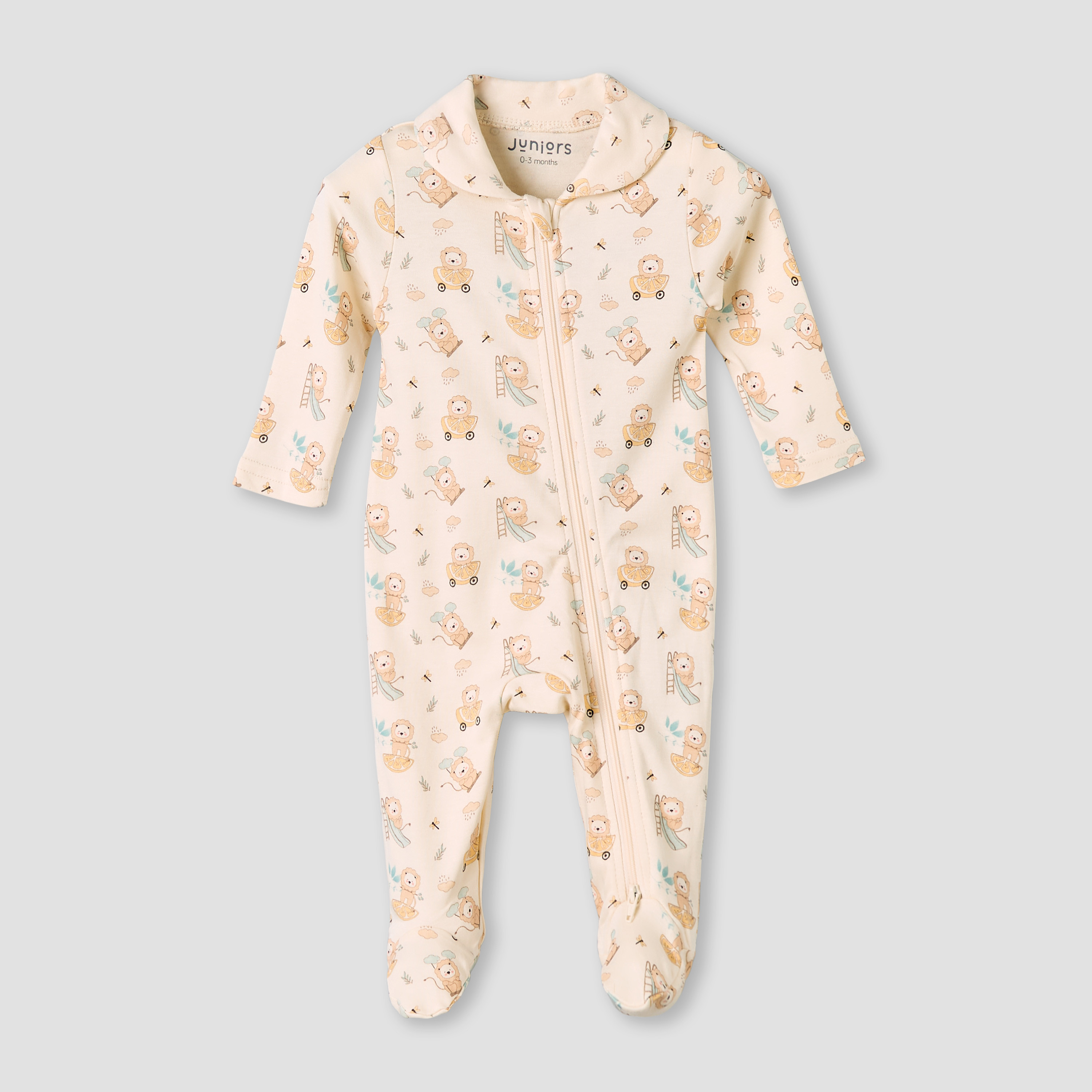 Juniors Bamboo Cotton Collared Long Sleeve Sleepsuit with Lion Print-baby-boys-clothing-nightwear-sleepsuits-image-2