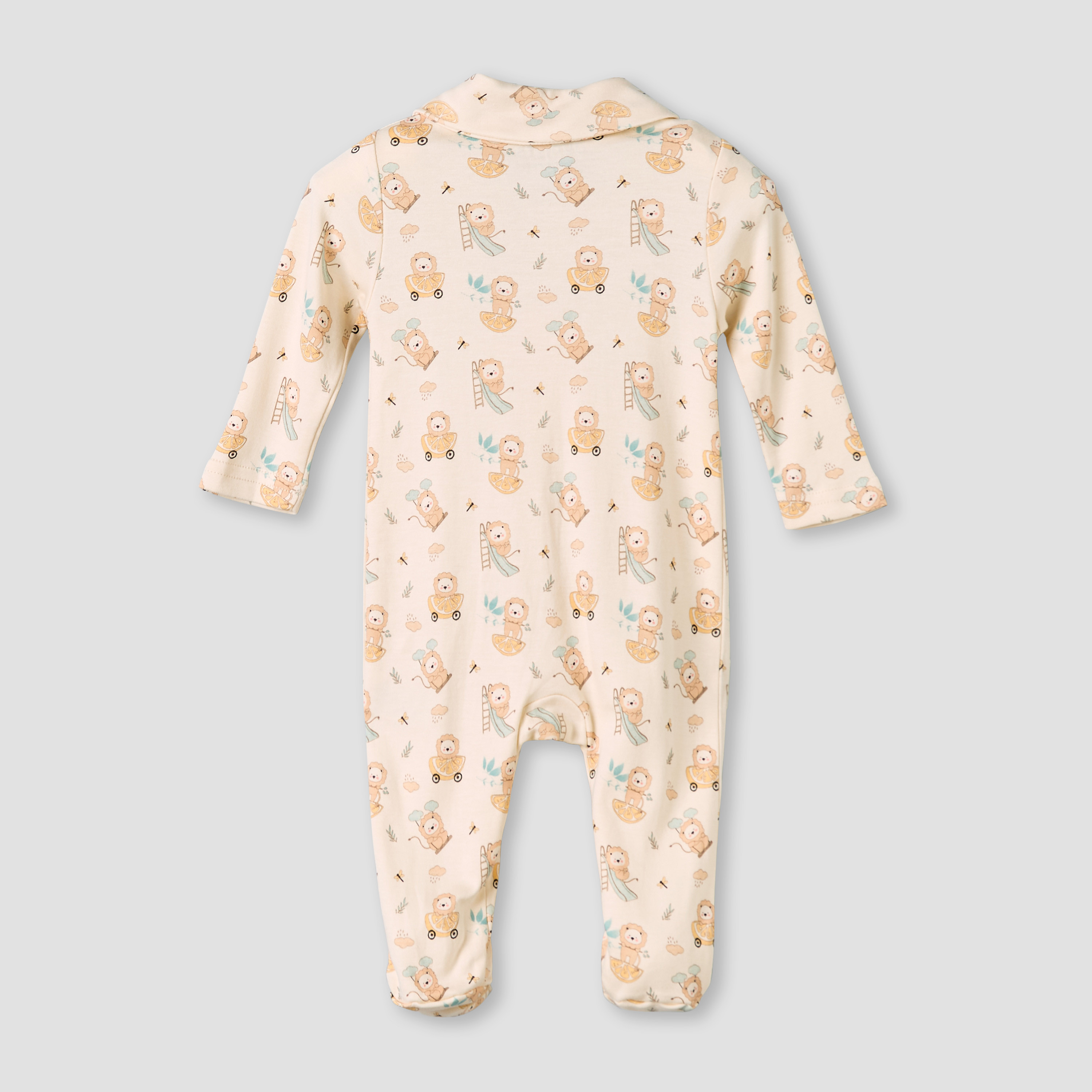 Juniors Bamboo Cotton Collared Long Sleeve Sleepsuit with Lion Print-baby-boys-clothing-nightwear-sleepsuits-image-3