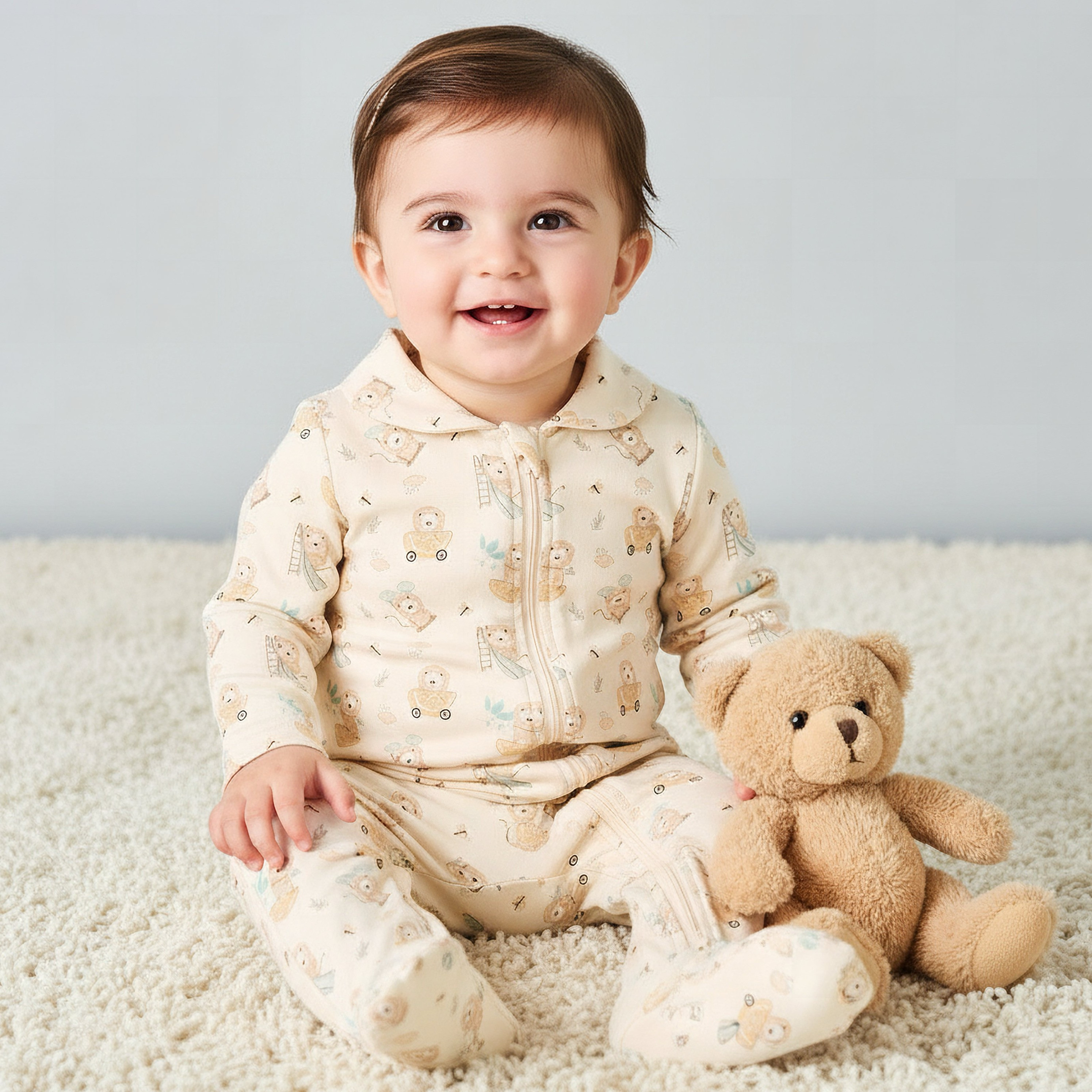 Juniors Bamboo Cotton Collared Long Sleeve Sleepsuit with Lion Print-baby-boys-clothing-nightwear-sleepsuits-image-1