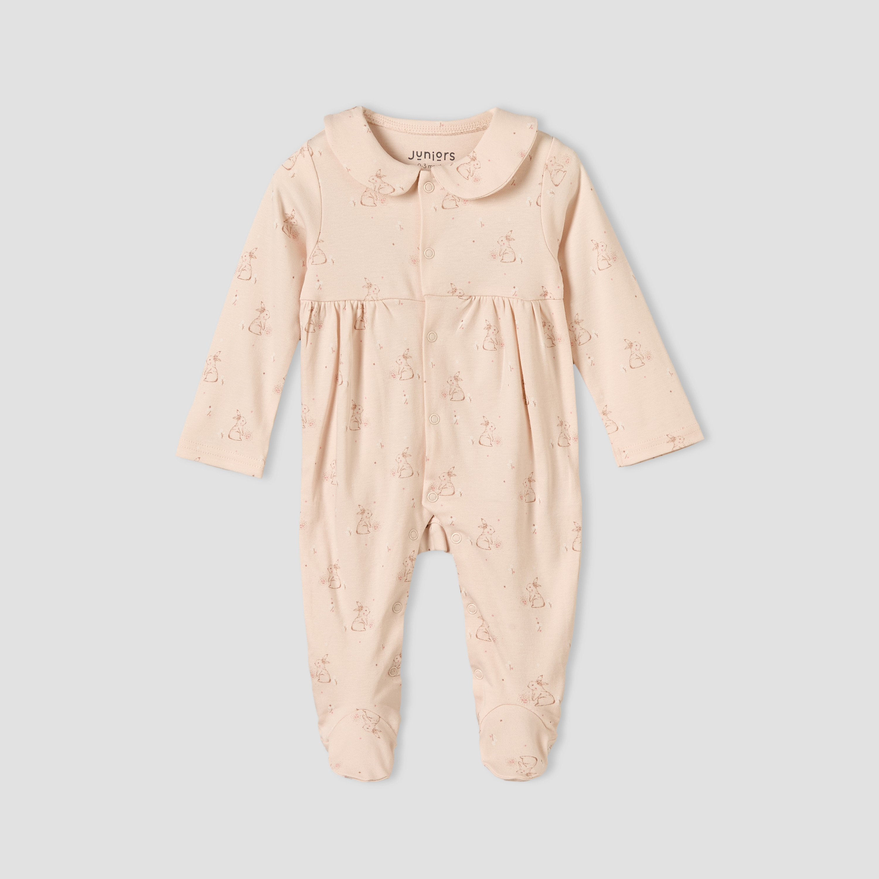 Juniors Cotton Collared Long Sleeves Sleepsuit with Bunny Print-baby-girls-clothing-nightwear-sleepsuits-image-1