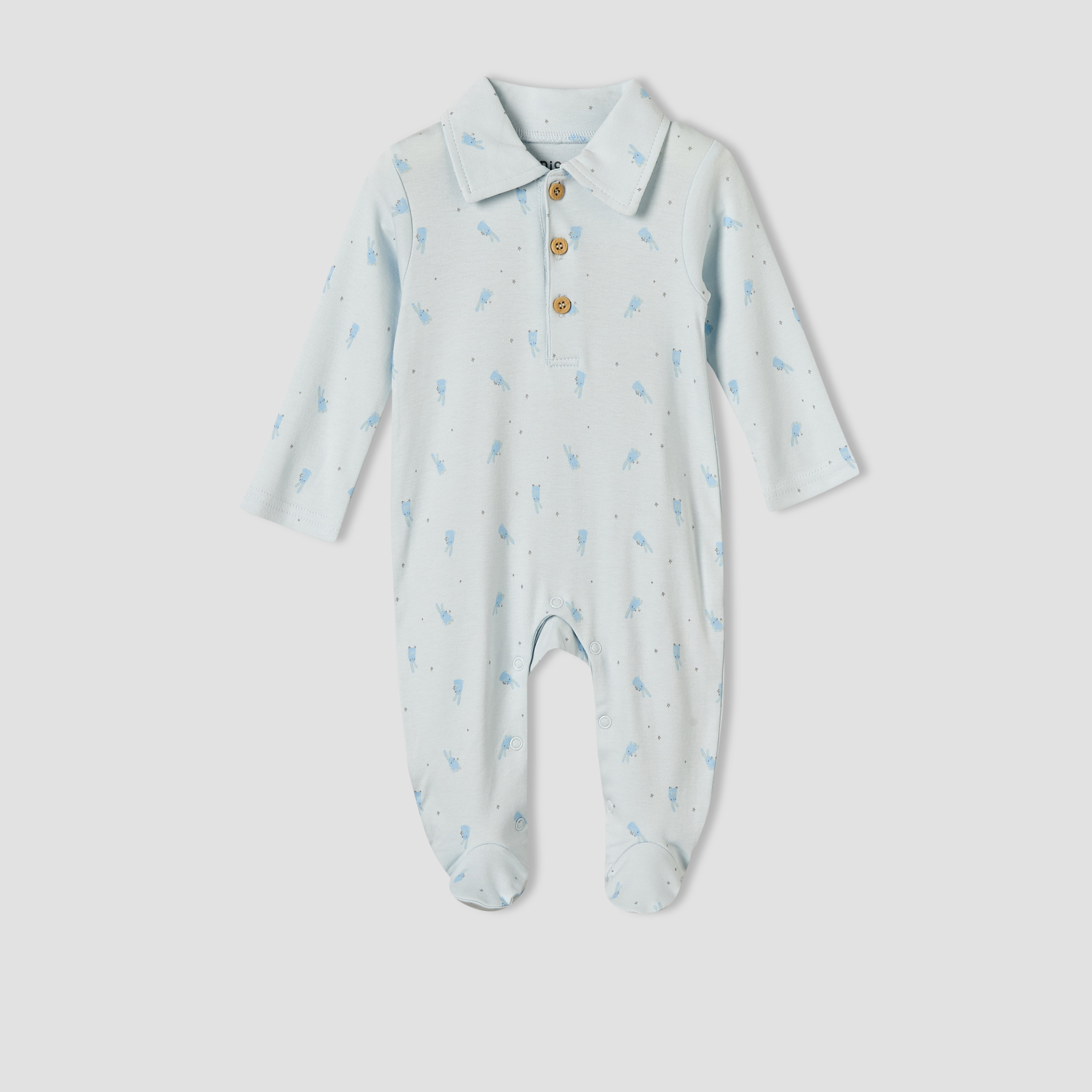 Juniors Cotton Collared Long Sleeves Sleepsuit with Bunny Print-baby-boys-clothing-nightwear-sleepsuits-image-1