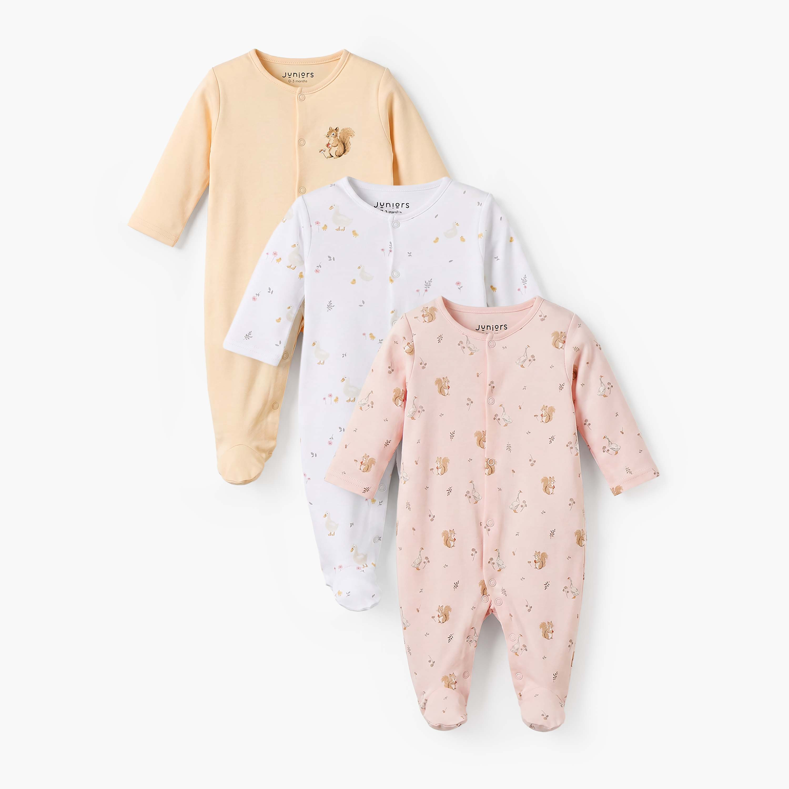 بدلة نوم قطن برقبة ضيقة وأكمام طويلة وطبعات من جونيورز - عبوة من 3 قطع-baby-girls-clothing-nightwear-sleepsuits-image-1