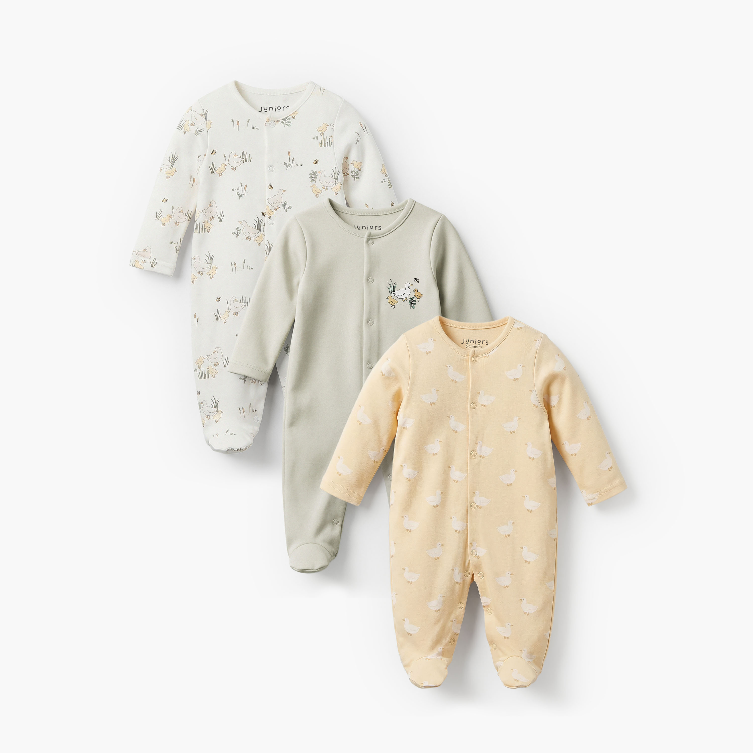 Pack of 3 Juniors Bamboo Cotton Round Neck Long Sleeves Sleepsuit with Duck Print-baby-girls-clothing-nightwear-sleepsuits-image-1