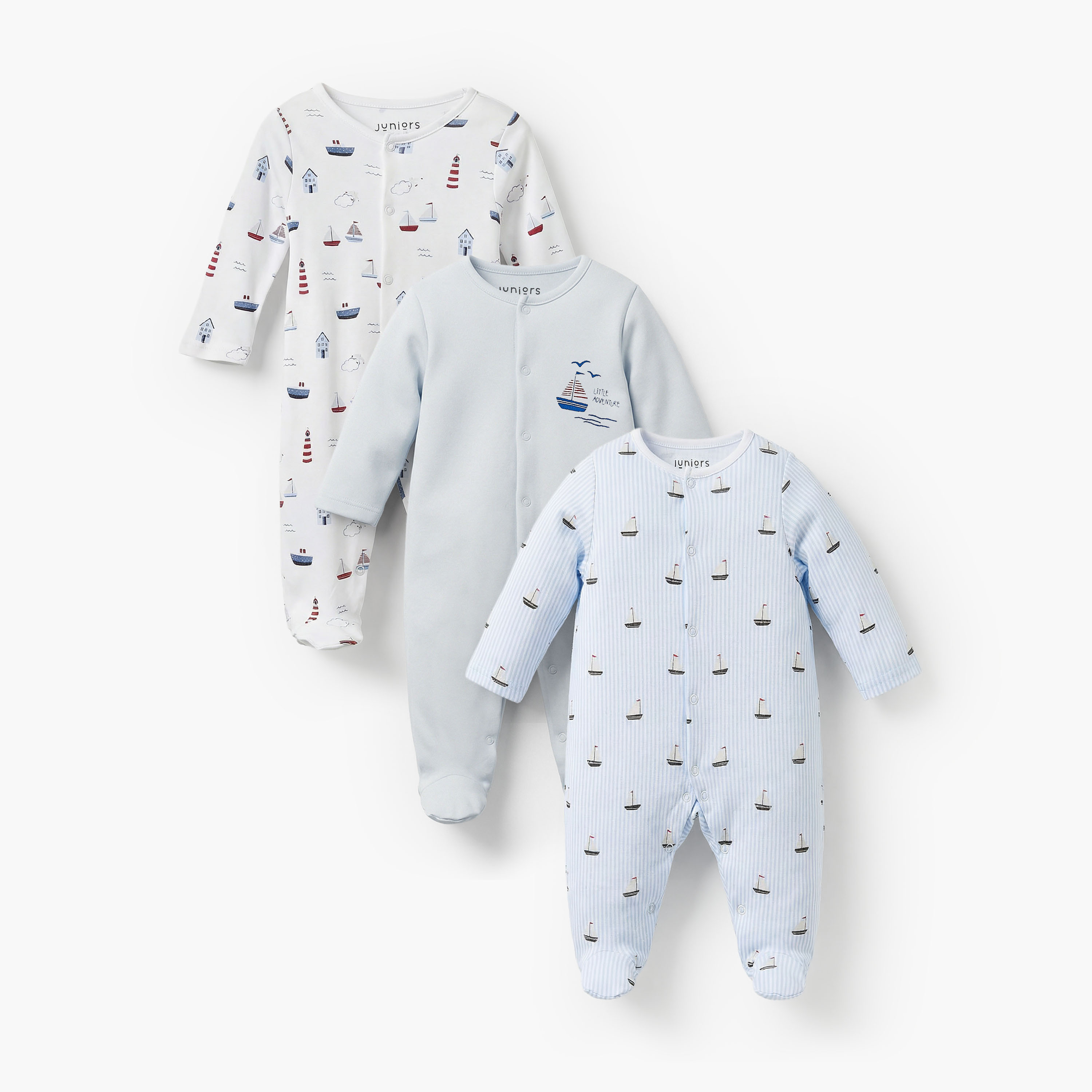 Pack of 3 Juniors Bamboo Round Neck Long Sleeves Sleepsuit with Nautical Print-baby-boys-clothing-nightwear-sleepsuits-image-1