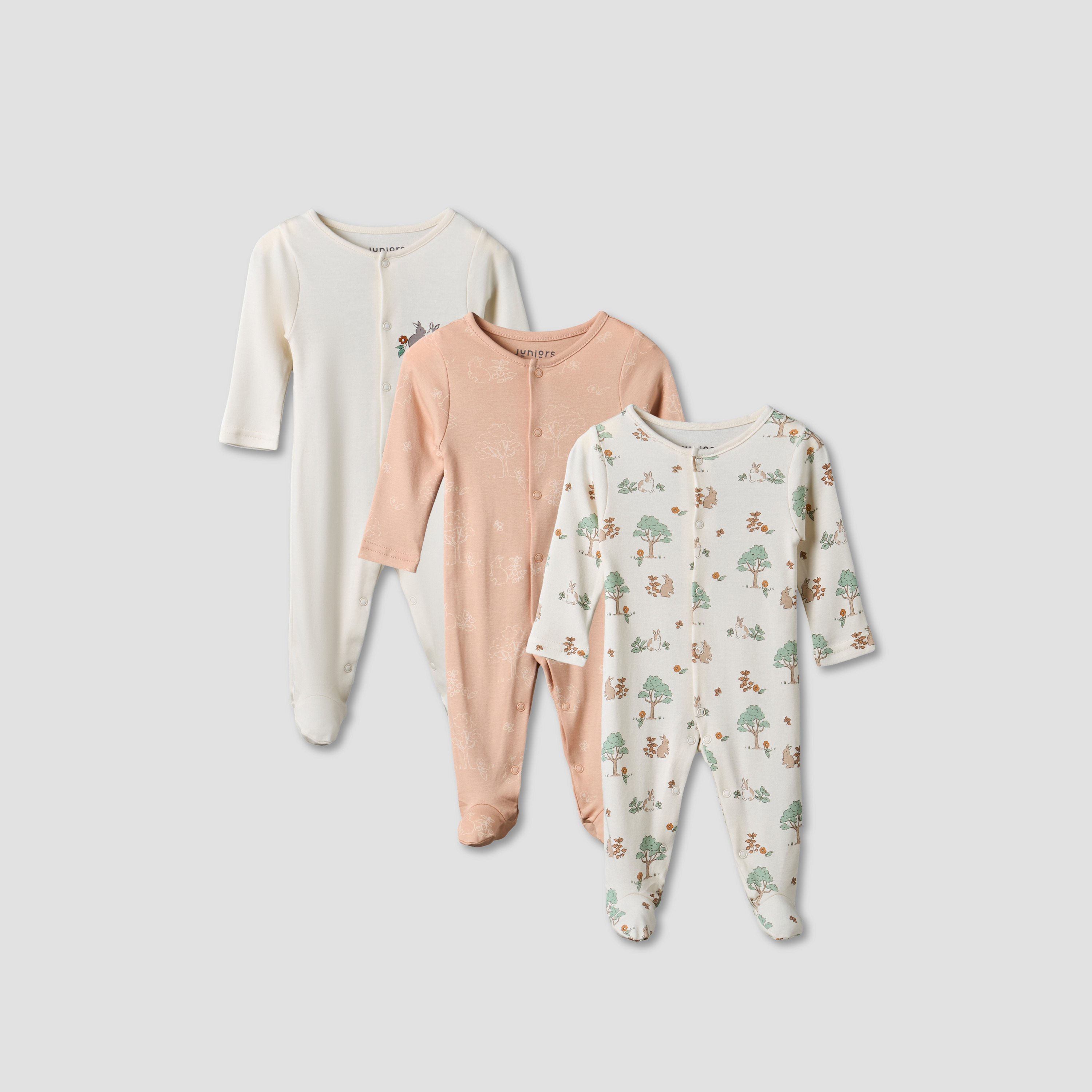 Pack of 3 Juniors Round Neck Long Sleeve Sleepsuit with Bunny Print-baby-girls-clothing-nightwear-sleepsuits-image-1
