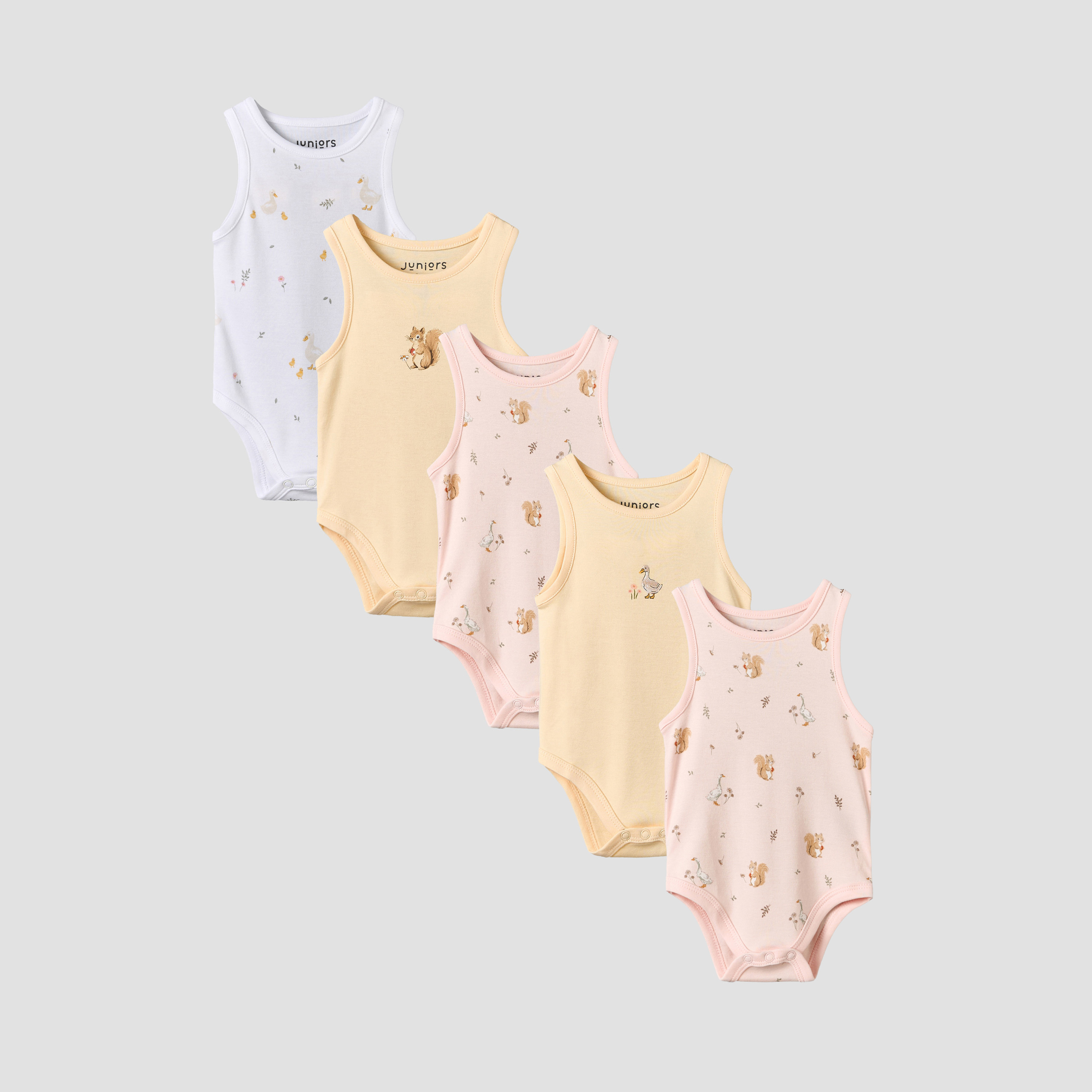 Pack of 5 Juniors Round Neck Sleeveless Bodysuit with Assorted Print-baby-girls-clothing-bodysuits-image-1