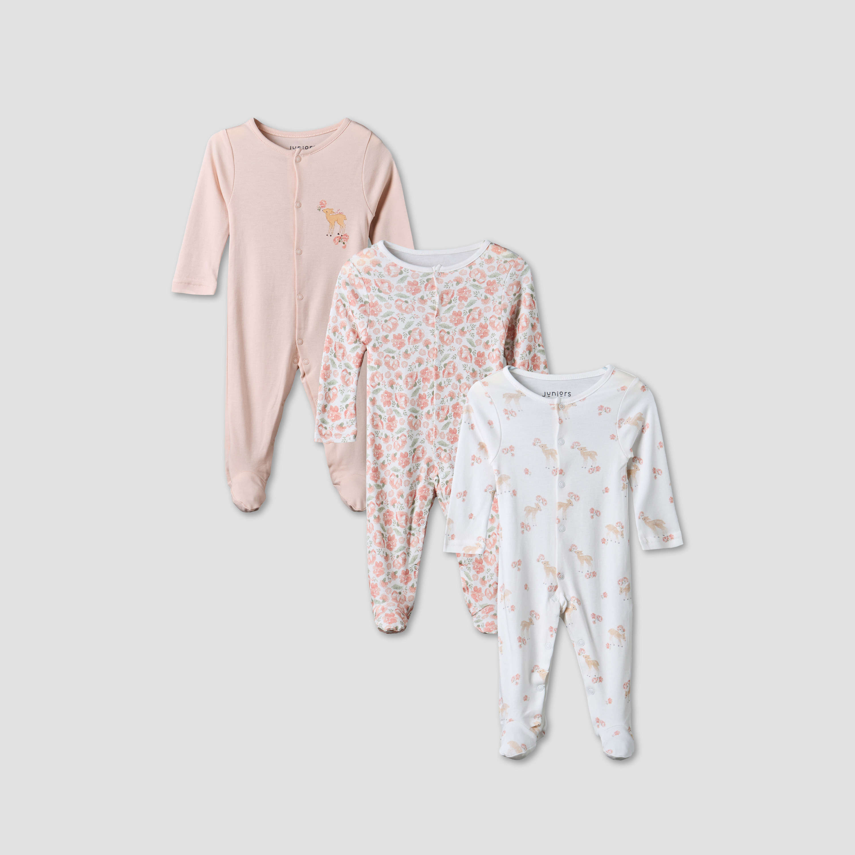 Pack of 3 Juniors Round Neck Long Sleeve Sleepsuit with Assorted Print-baby-girls-clothing-nightwear-sleepsuits-image-1