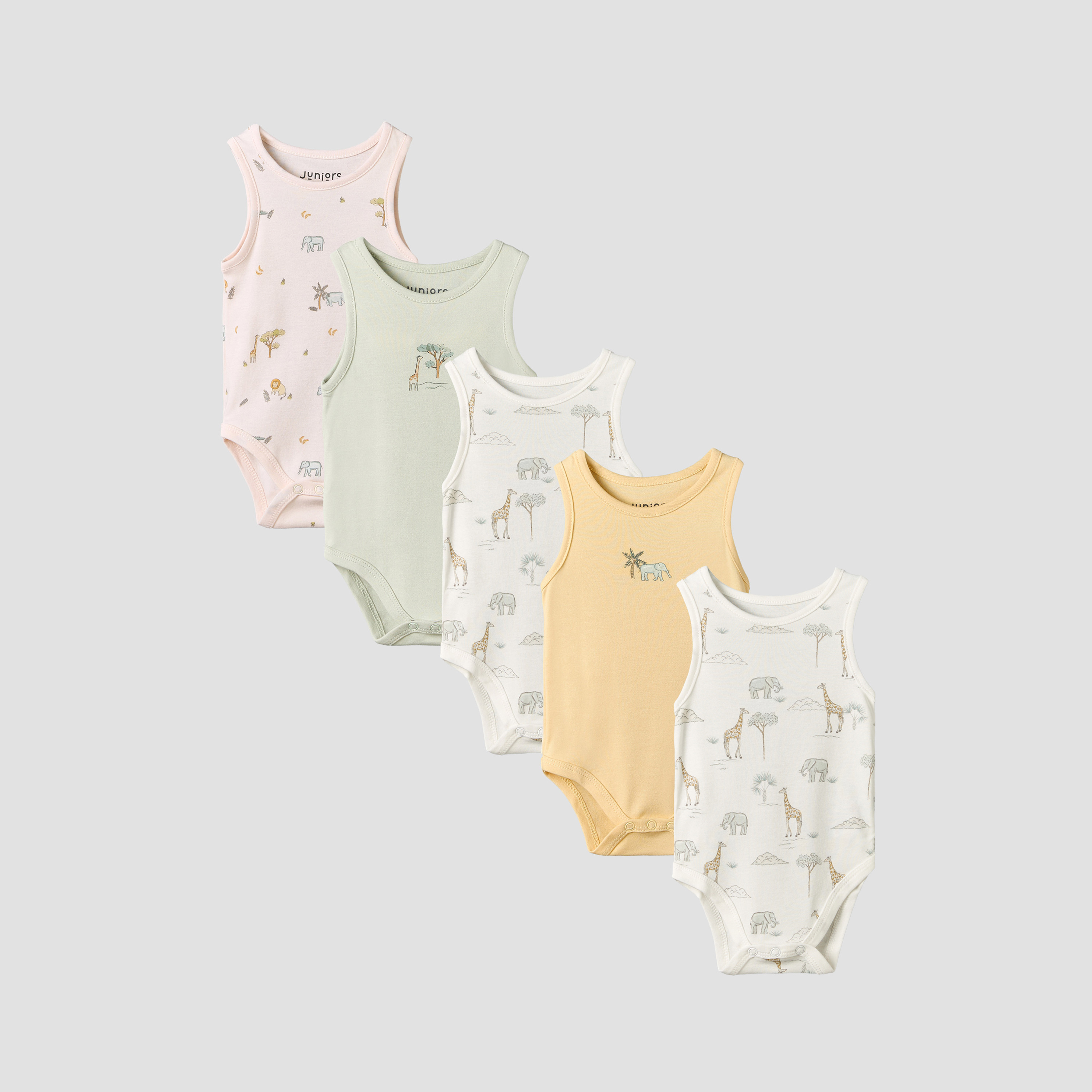 بودي سوت دون أكمام بياقة ضيقة وطبعات سفاري من جونيورز - طقم من 5 قطع-baby-boys-clothing-bodysuits-image-1
