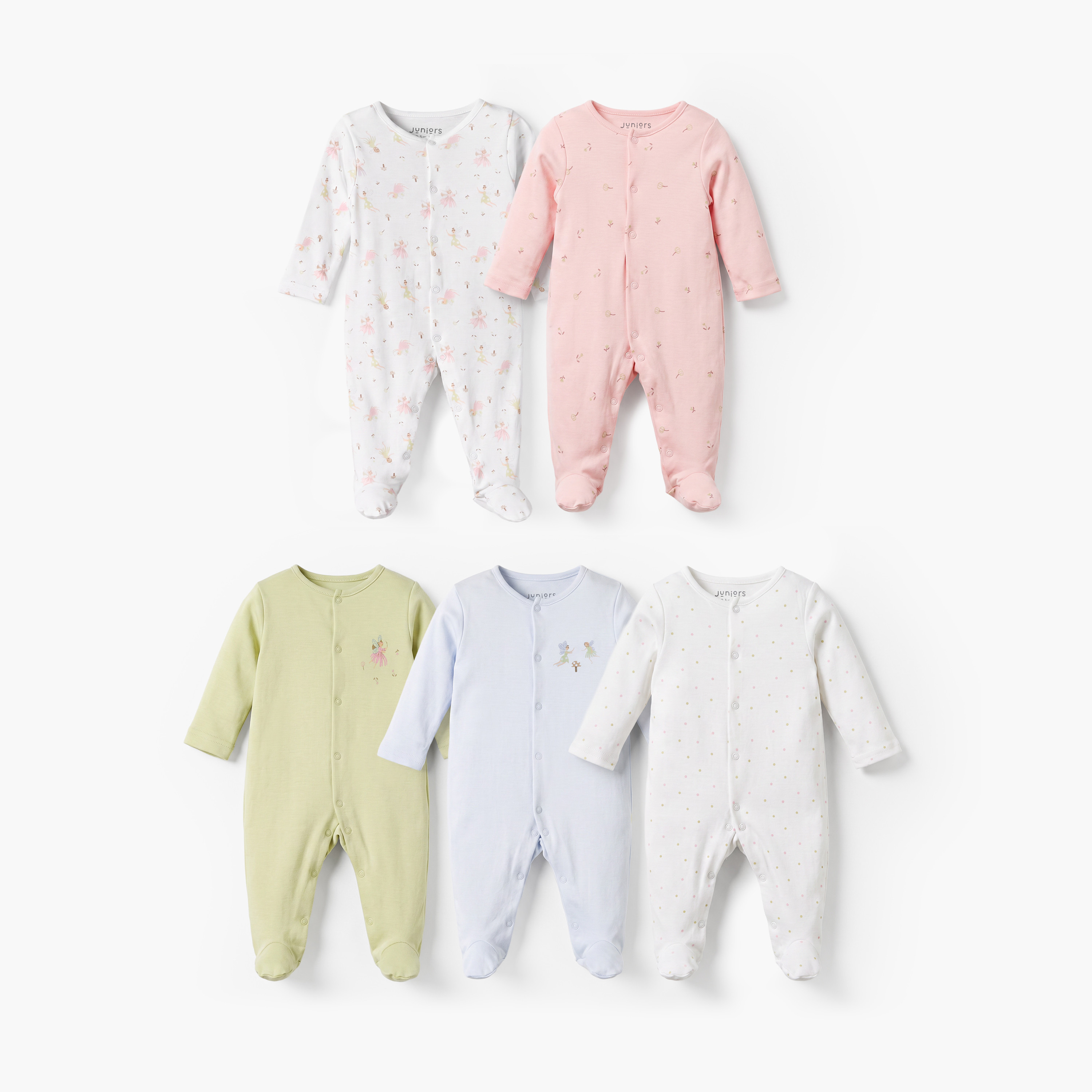 طقم بدل نوم بياقة مستديرة وأكمام طويلة بطبعة فراشات من جونيورز - 5 قطع-baby-girls-clothing-nightwear-sleepsuits-image-1