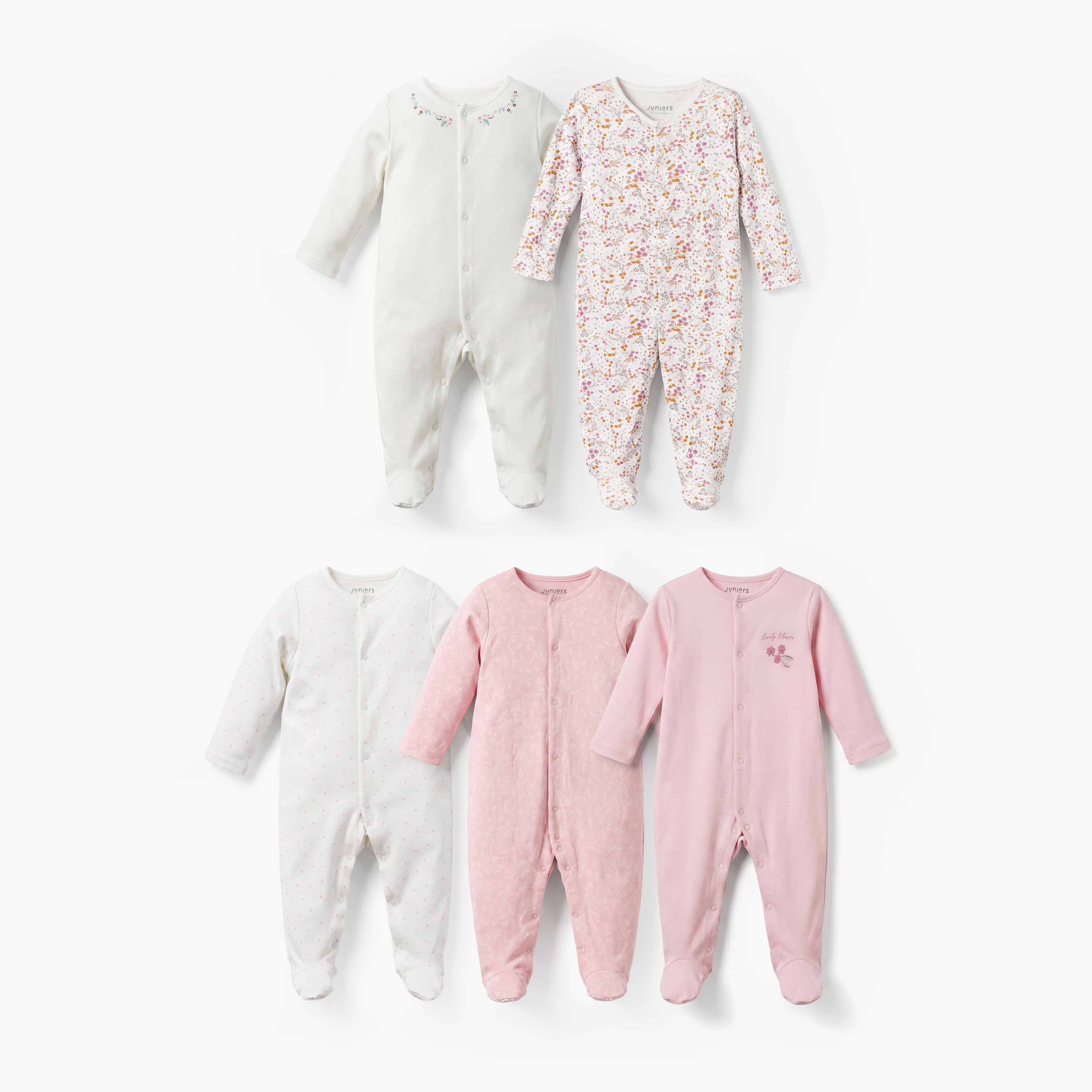 Pack of 5 Juniors Cotton Crew Neck Long Sleeves Sleepsuit with Snap Button Closure-baby-girls-clothing-nightwear-sleepsuits-image-1