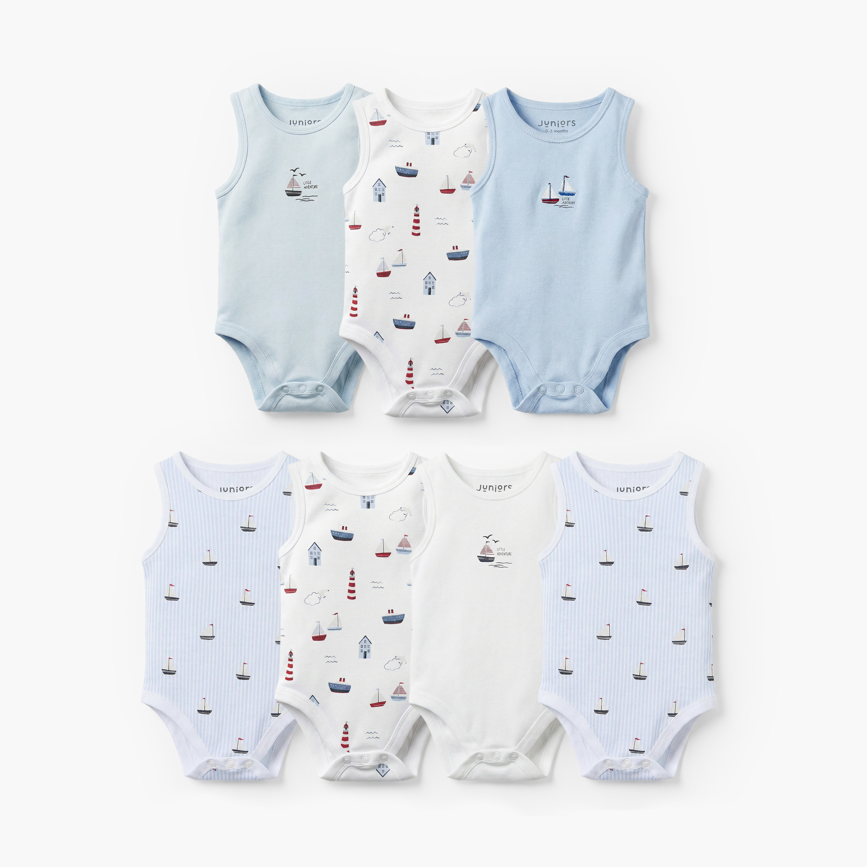 Pack of 7 Juniors Round Neck Sleeveless Bodysuit with Nautical Print-baby-boys-clothing-bodysuits-image-1