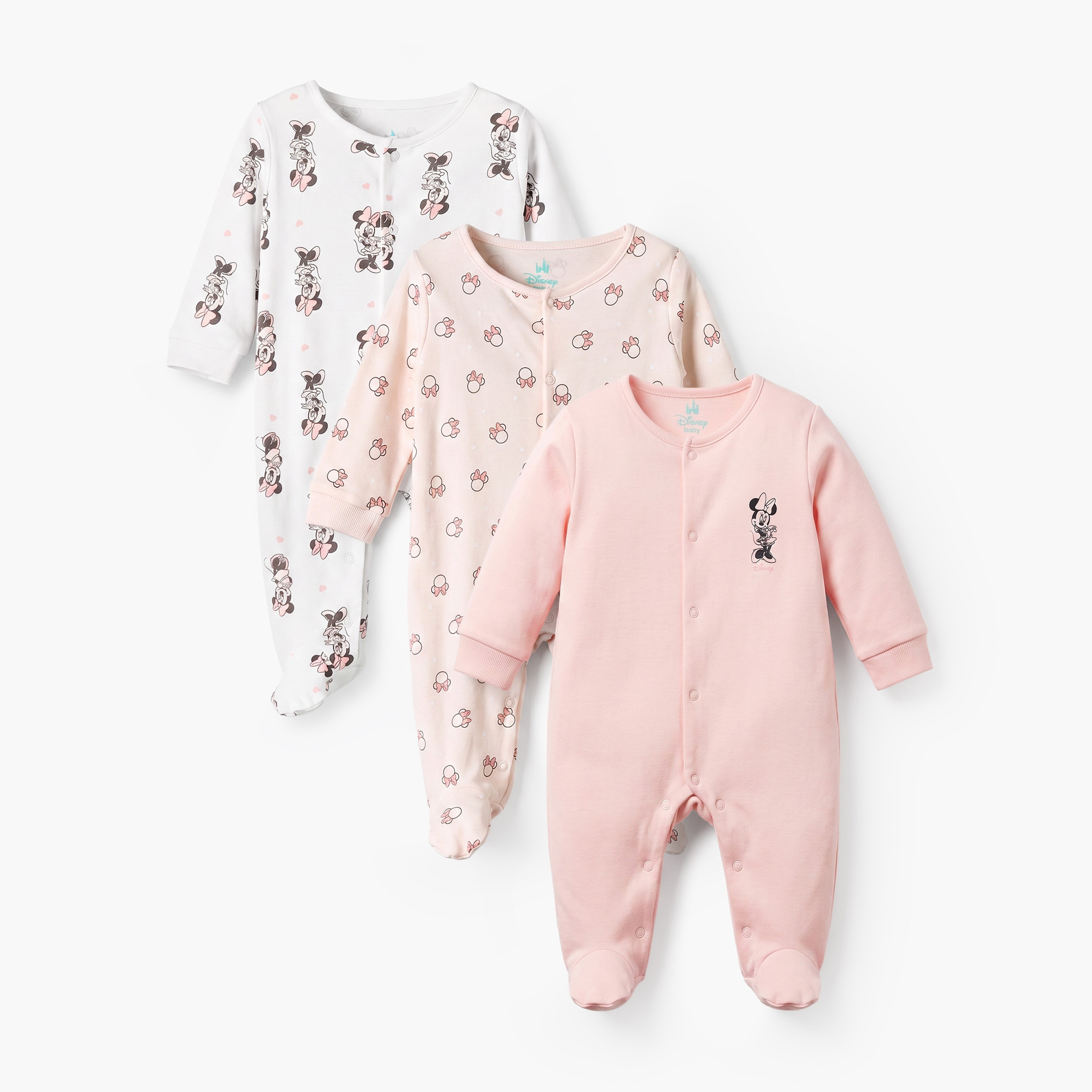 بدلات نوم قطن بطبعات ميني ماوس وياقة ضيقة وأكمام طويلة من ديزني - عبوة 3 قطع-baby-girls-clothing-nightwear-sleepsuits-image-1
