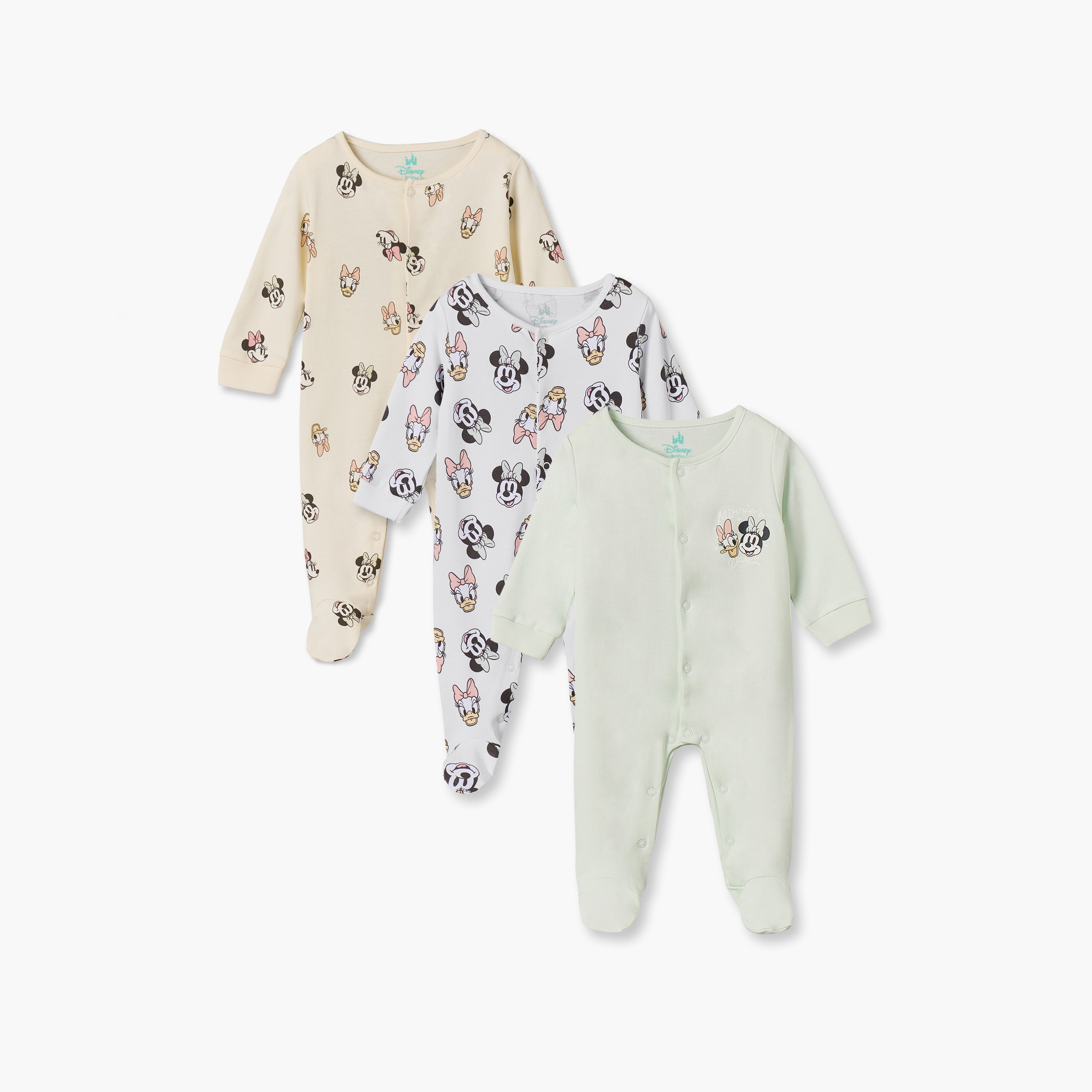 بدلات نوم قطن بطبعات ميني ماوس وياقة ضيقة وأكمام طويلة من ديزني - عبوة 3 قطع-baby-girls-clothing-nightwear-sleepsuits-image-1