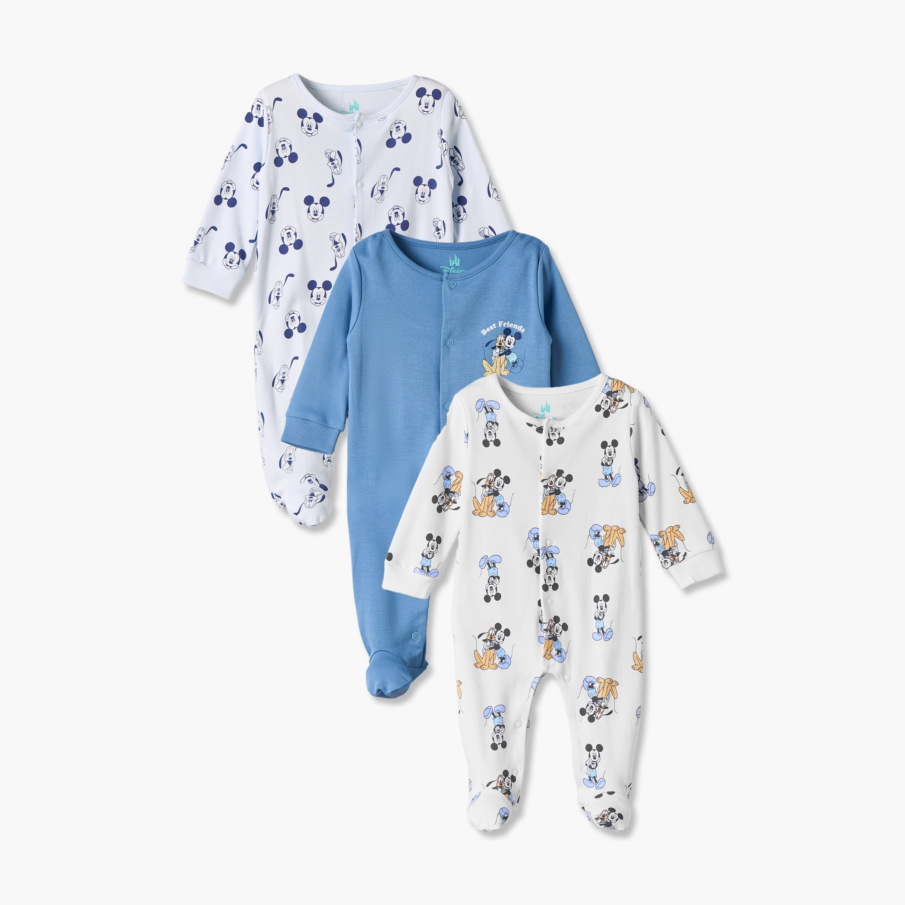 Pack of 3 Disney Cotton Round Neck Long Sleeves Sleepsuits with Mickey and Goofy Print-baby-boys-clothing-nightwear-sleepsuits-image-1