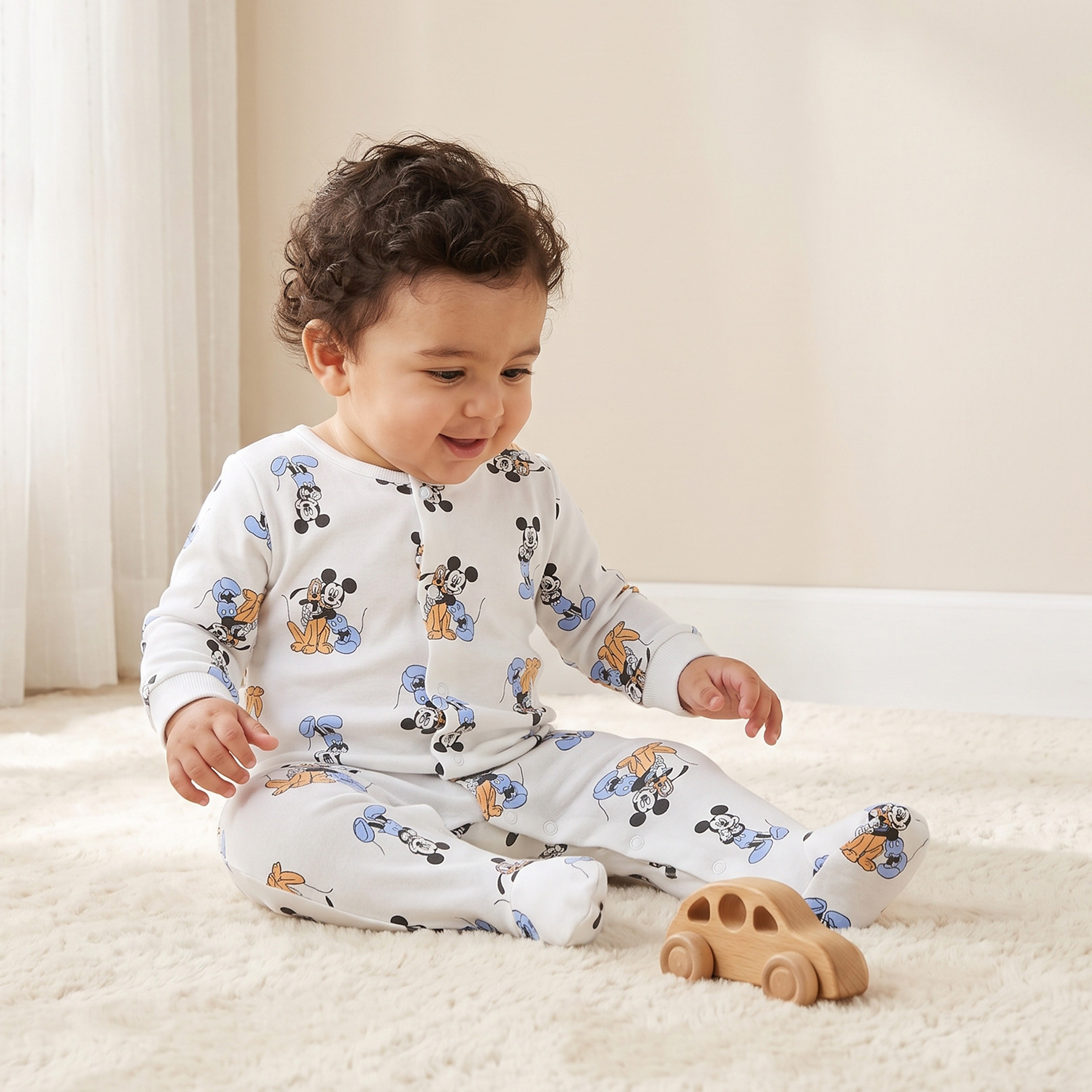 Pack of 3 Disney Cotton Round Neck Long Sleeves Sleepsuits with Mickey and Goofy Print-baby-boys-clothing-nightwear-sleepsuits-image-2