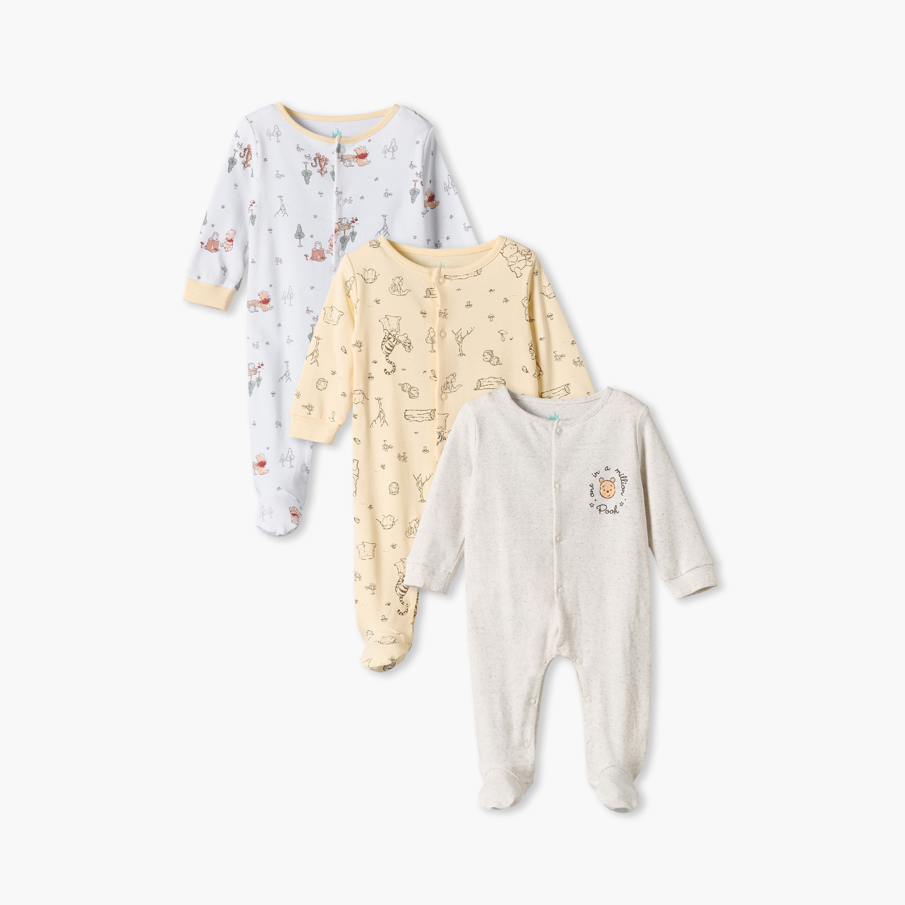 Pack of 3 Disney Cotton Round Neck Long Sleeves Sleepsuits with Winnie The Pooh Print-baby-boys-clothing-nightwear-sleepsuits-image-1