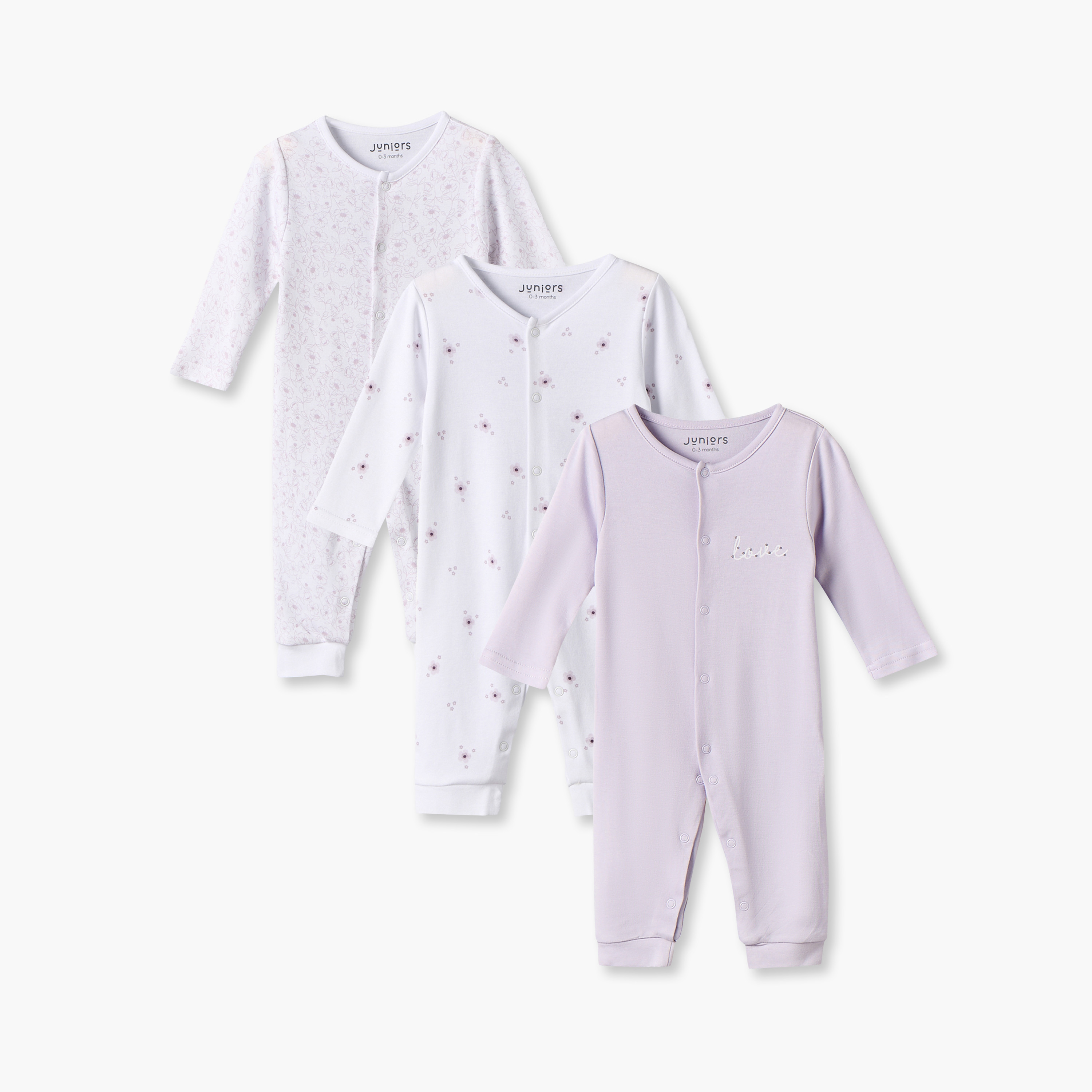 Pack of 3 Juniors Crew Neck Long Sleeves Sleepsuit with Floral Print-baby-girls-clothing-nightwear-sleepsuits-image-1