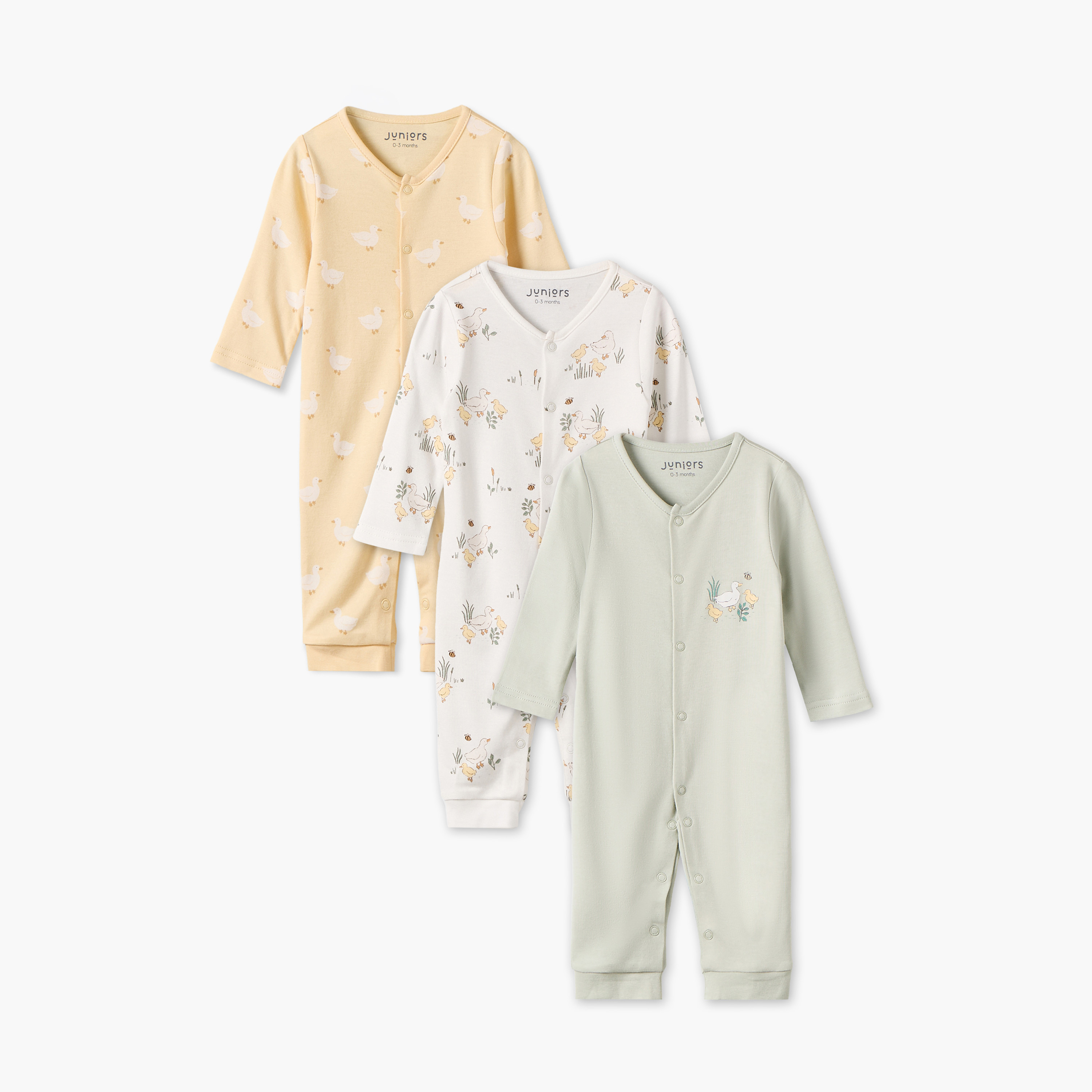 Pack of 3 Juniors Bamboo Round Neck Long Sleeves Sleepsuit with Duck Print-baby-girls-clothing-nightwear-sleepsuits-image-1