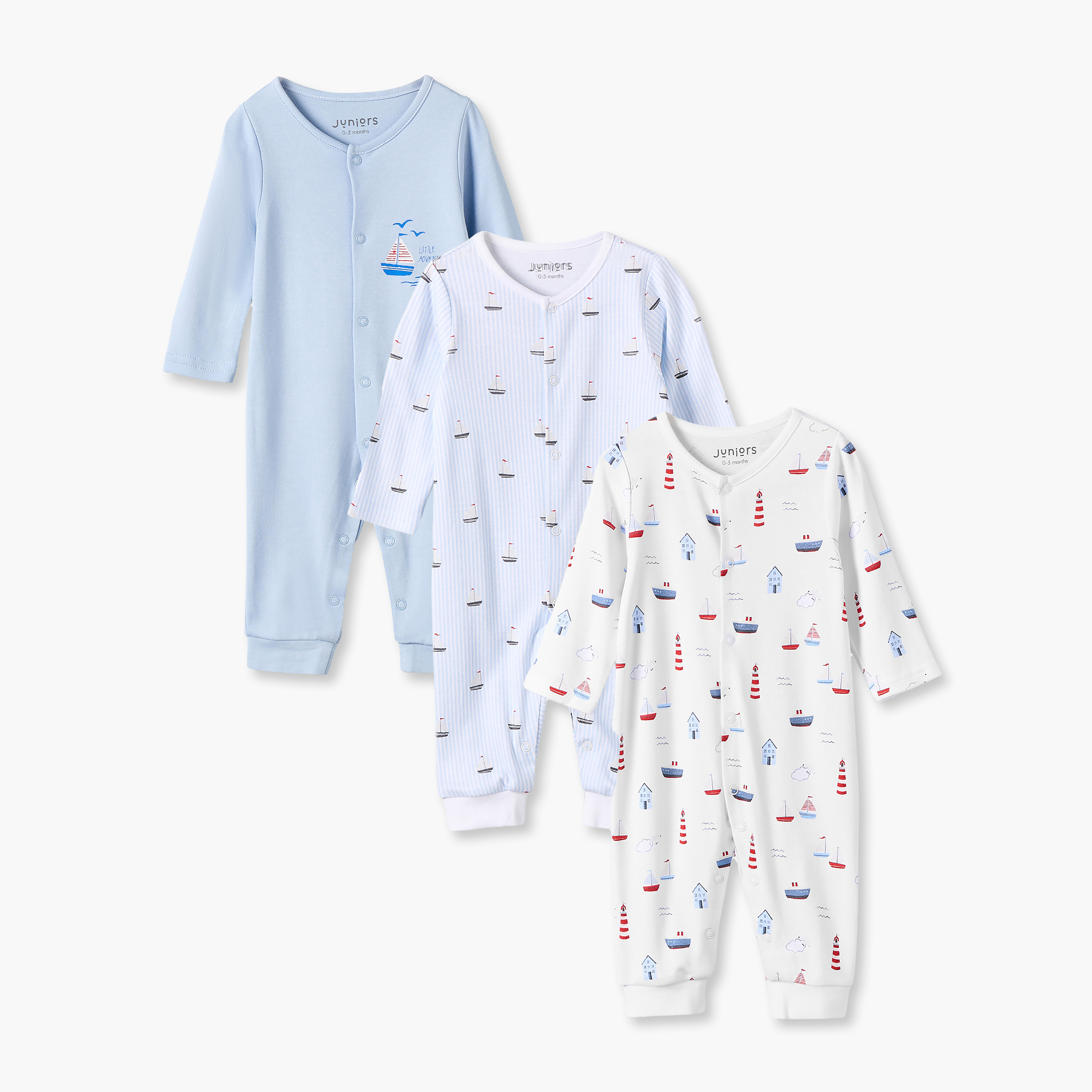 طقم بدلات نوم قطن بأكمام طويلة وياقة ضيقة وأزرار إغلاق كبس من جونيورز - 3 قطع-baby-boys-clothing-nightwear-sleepsuits-image-1