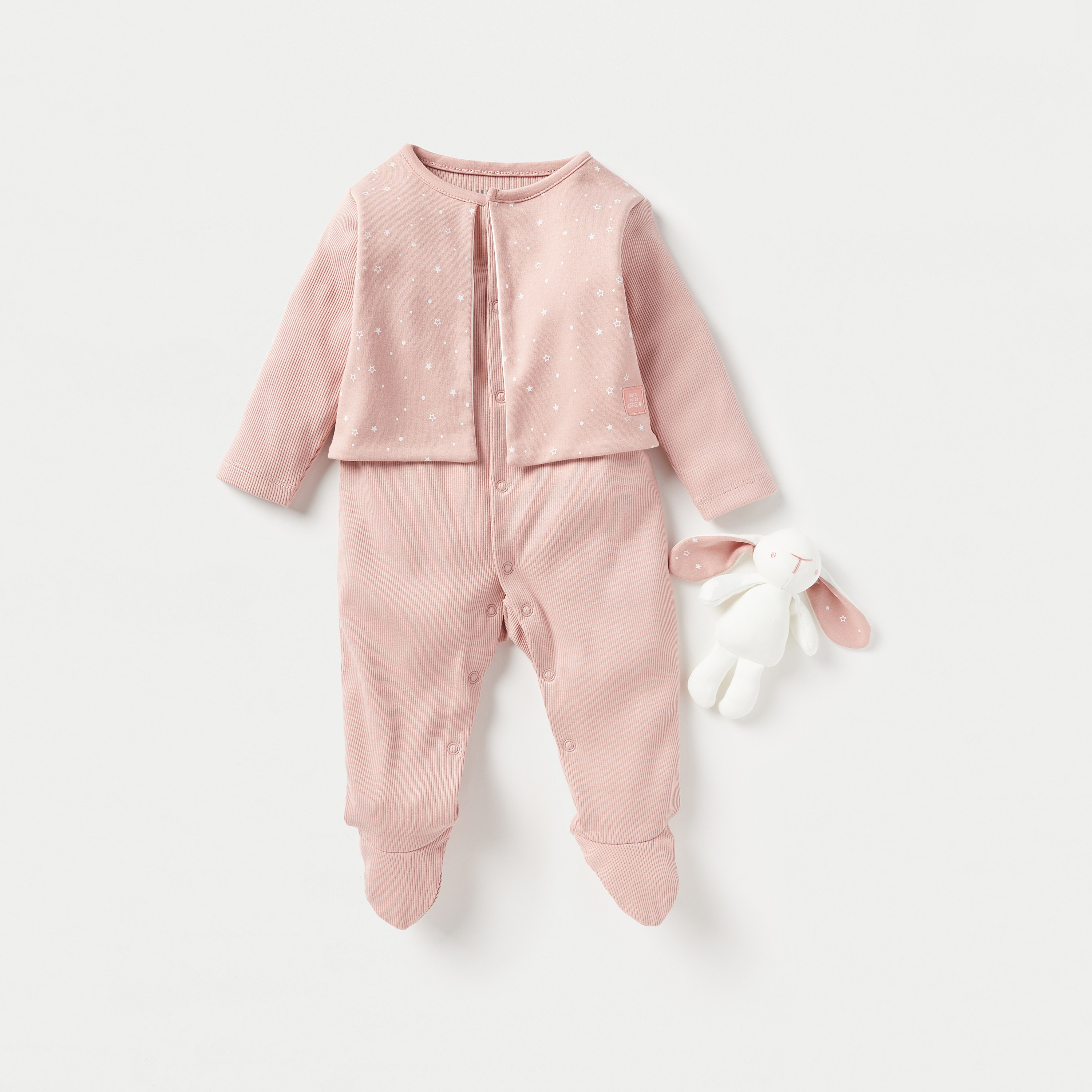 بدلة نوم مضلعة مغلقة القدمين مع لعبة أرنب مخملية من جونيورز-baby-girls-clothing-nightwear-sleepsuits-image-1