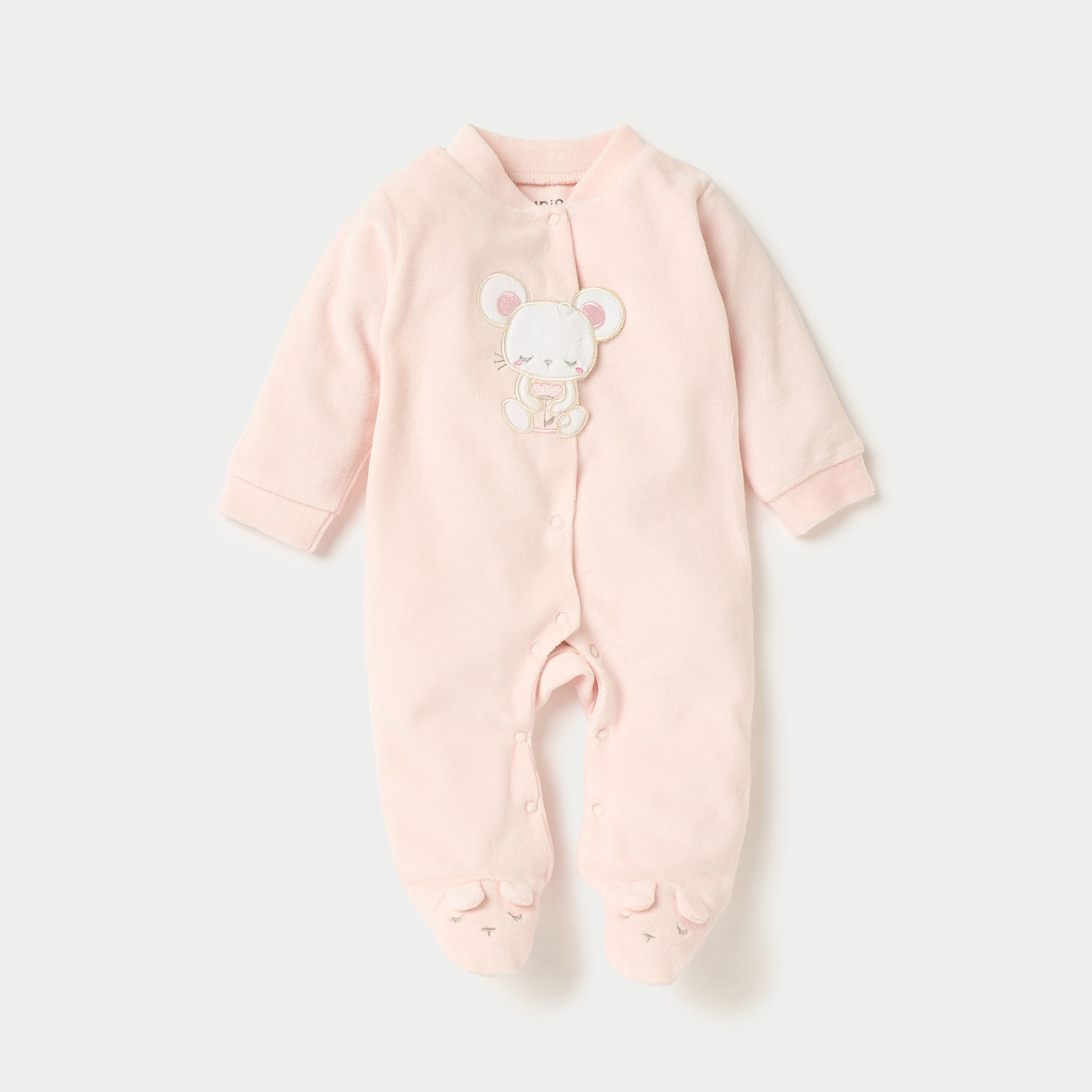 Juniors Mouse Applique Closed Feet Velour Sleepsuit with Button Closure-baby-girls-clothing-nightwear-sleepsuits-image-1