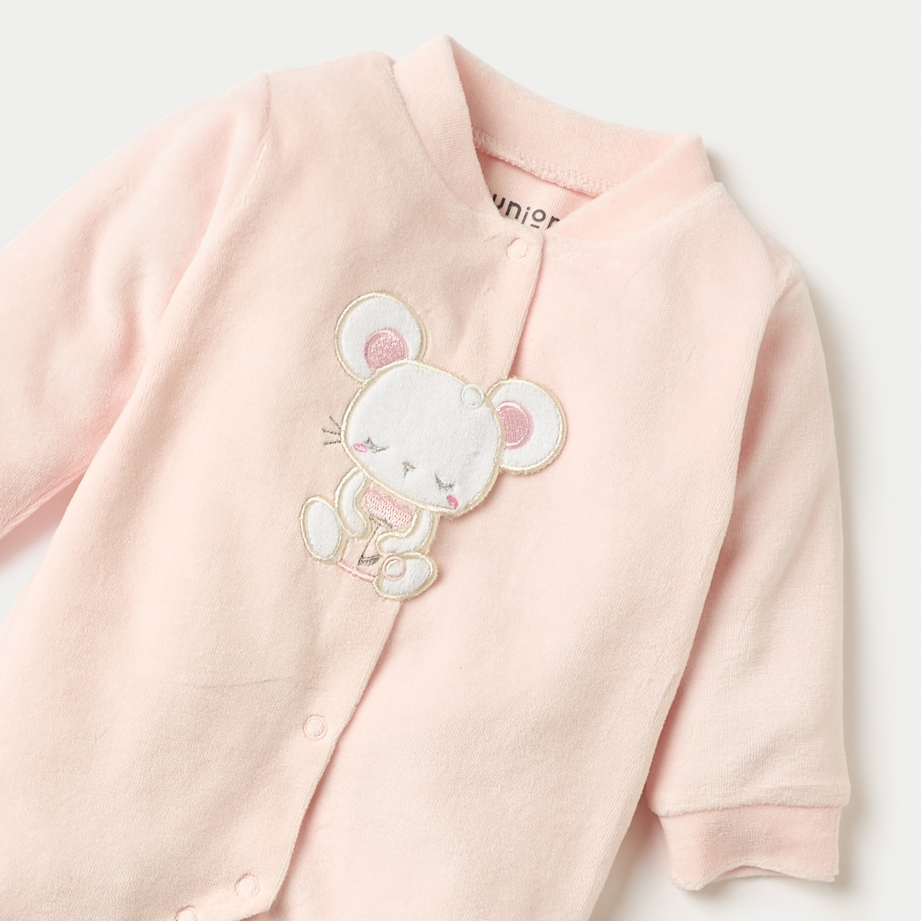 Juniors Mouse Applique Closed Feet Velour Sleepsuit with Button Closure-baby-girls-clothing-nightwear-sleepsuits-image-2