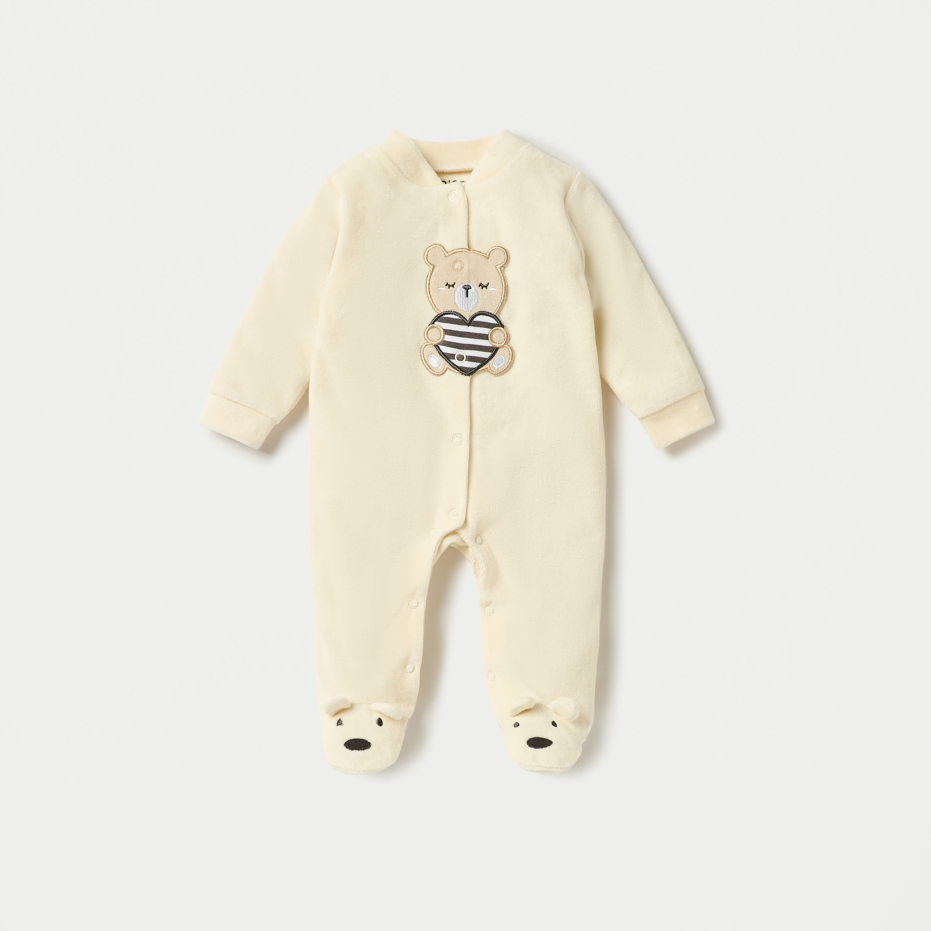 Juniors Bear Applique Velour Closed Feet Sleepsuit with Snap Button Closure-baby-boys-clothing-winterwear-sleepsuits-image-1