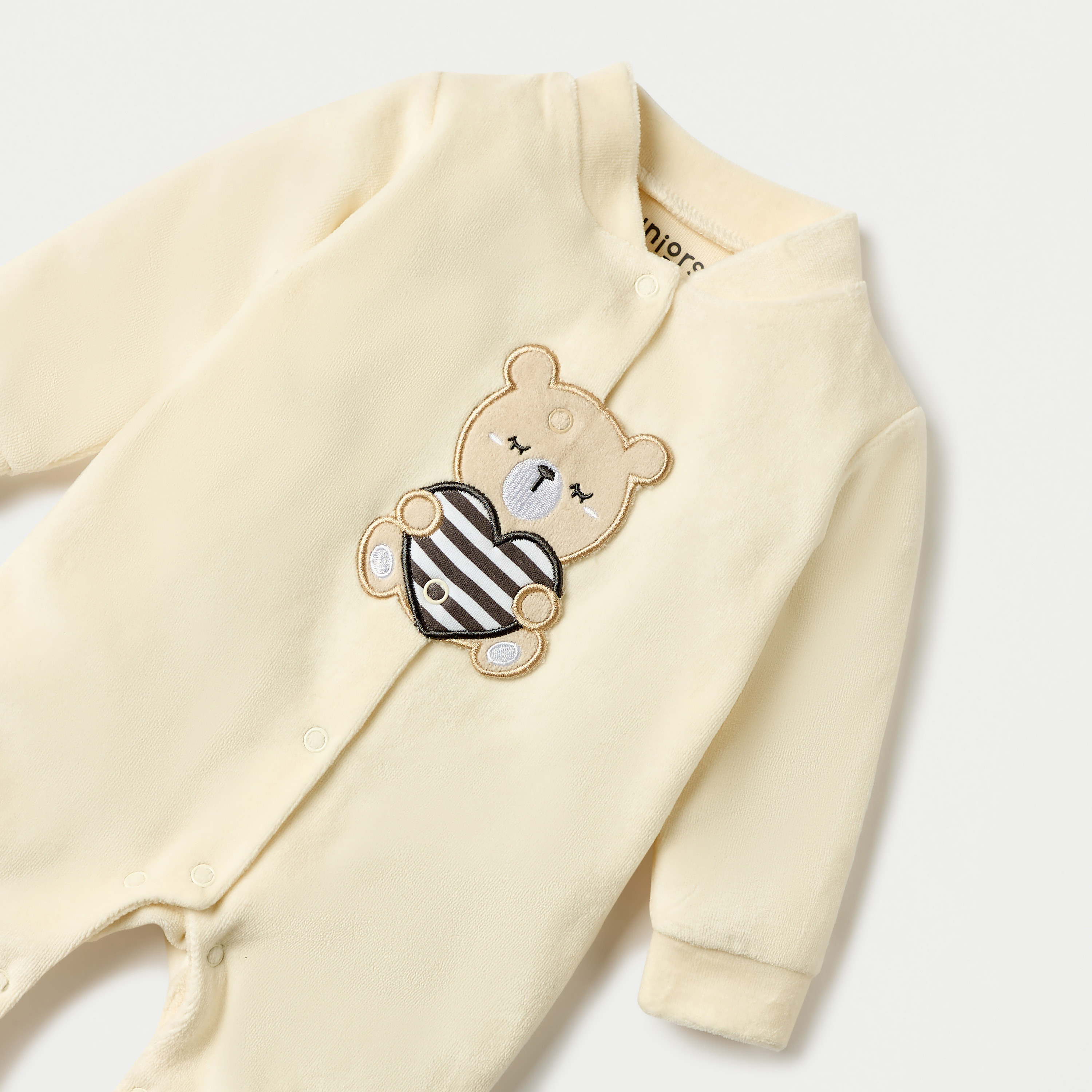 Juniors Bear Applique Velour Closed Feet Sleepsuit with Snap Button Closure-baby-boys-clothing-winterwear-sleepsuits-image-3