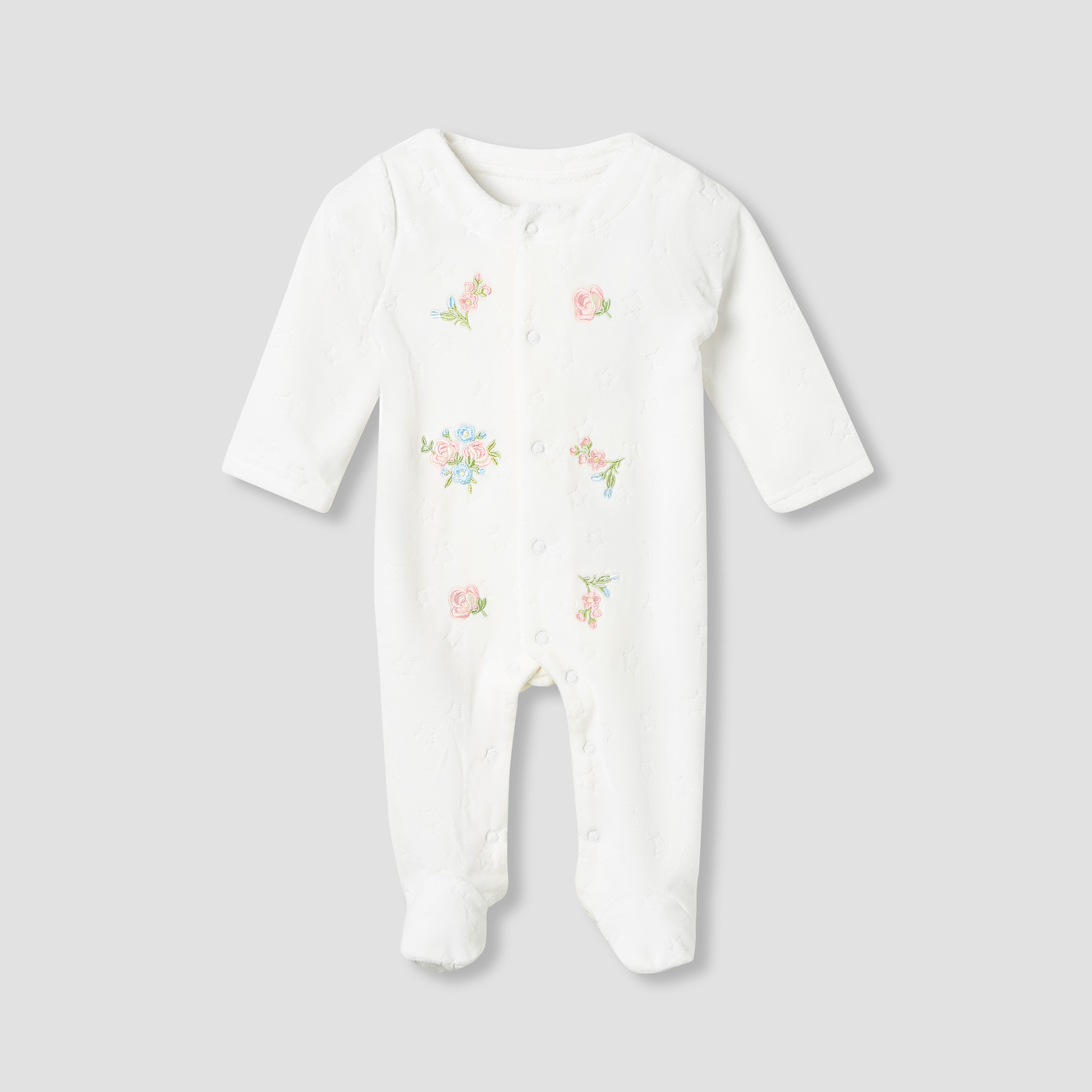 Juniors Crew Neck Sleepsuit with Floral Embroidery - Cotton Blend - Long Sleeves-baby-girls-clothing-nightwear-sleepsuits-image-1