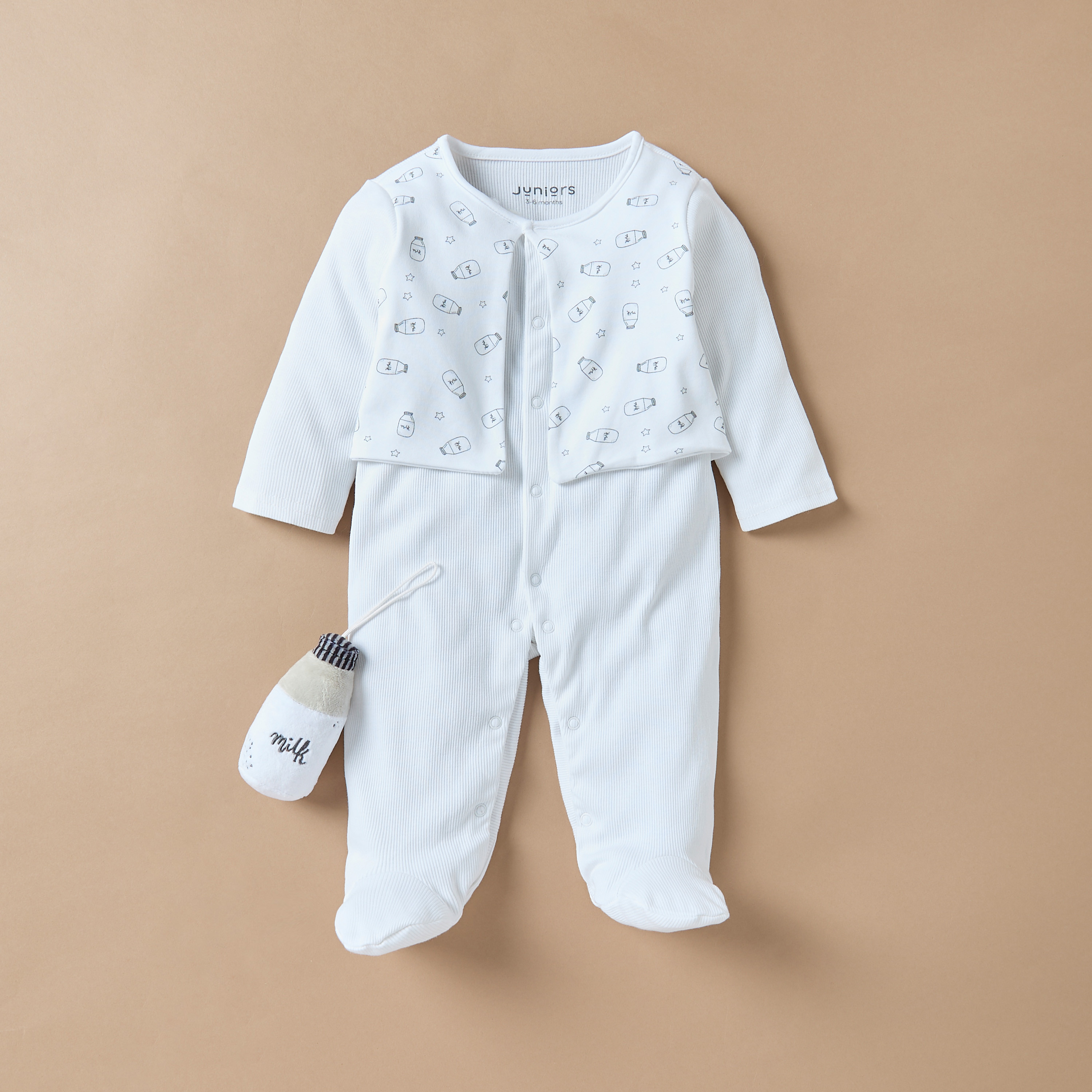 Juniors Milk Bottle Print Closed Feet Sleepsuit with Long Sleeves and Soft Toy-baby-girls-clothing-nightwear-sleepsuits-image-1